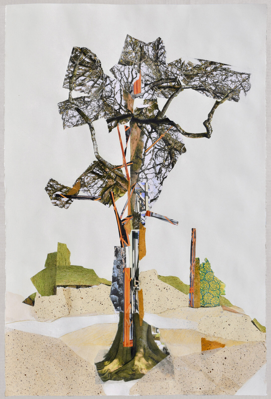 A collage-style landscape featuring a central tree with abstract geometric forms and a muted color palette.