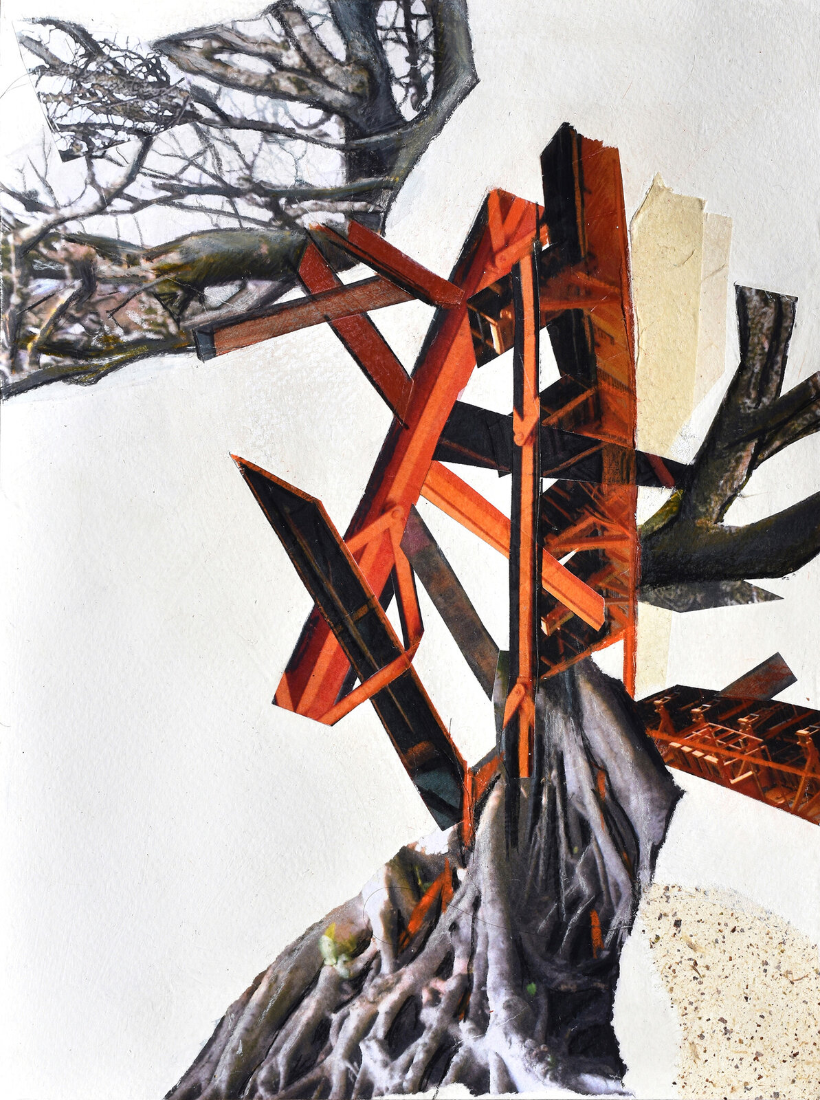 A surreal composition where a tree trunk is fused with an orange industrial structure.