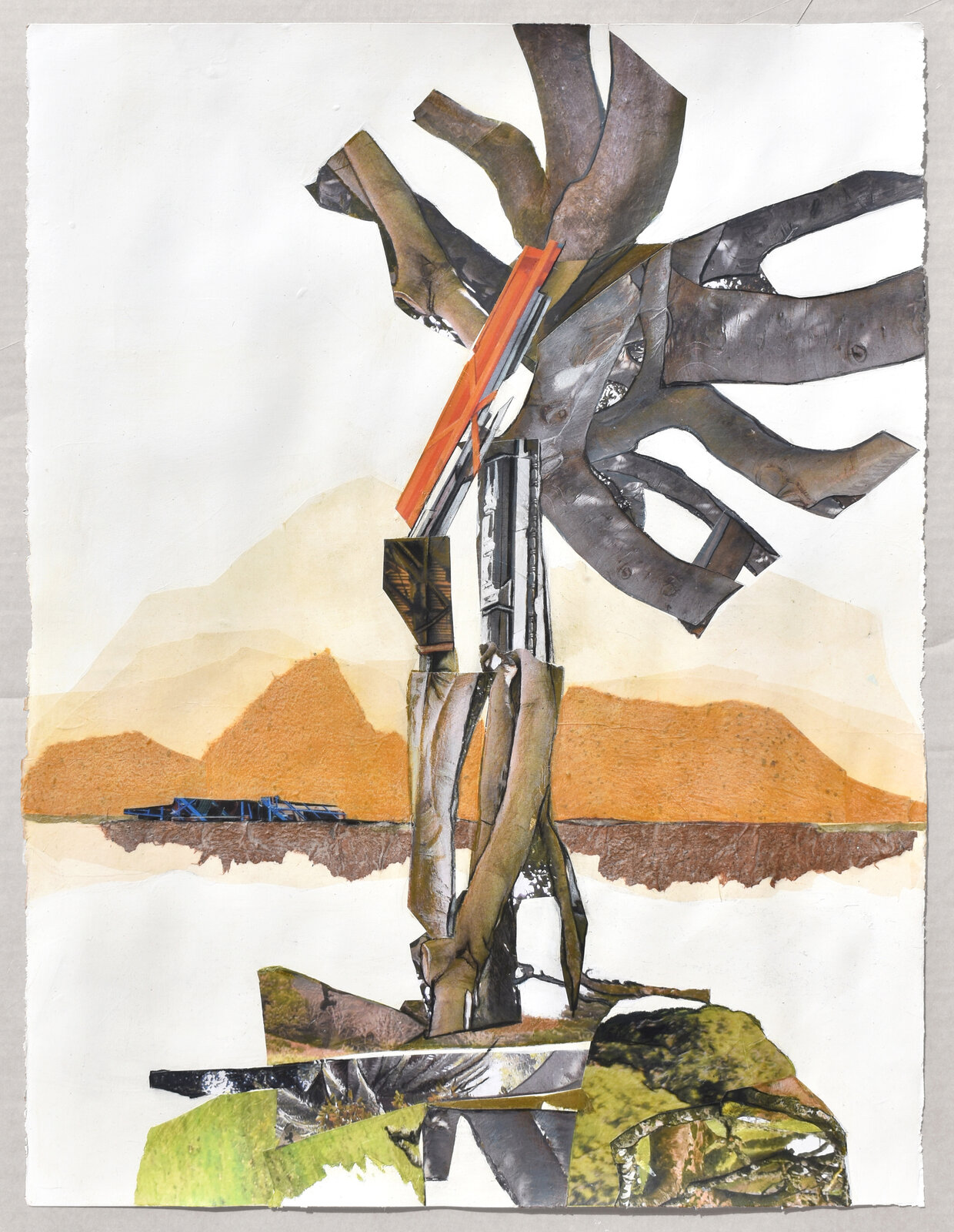 A mixed-media collage of a stylized windmill against a layered landscape.