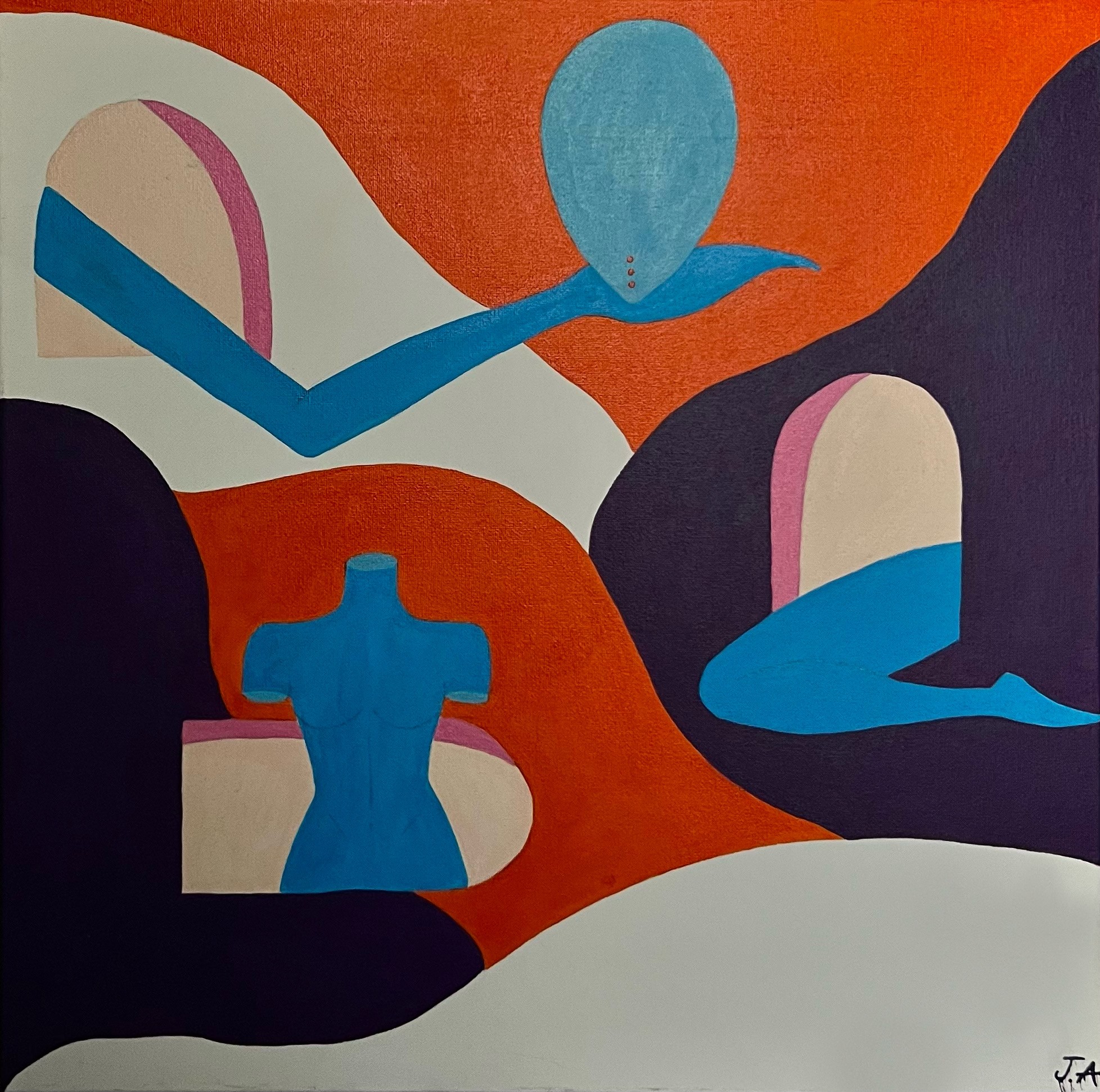 A vibrant abstract composition featuring stylized blue figures against a bold orange background.