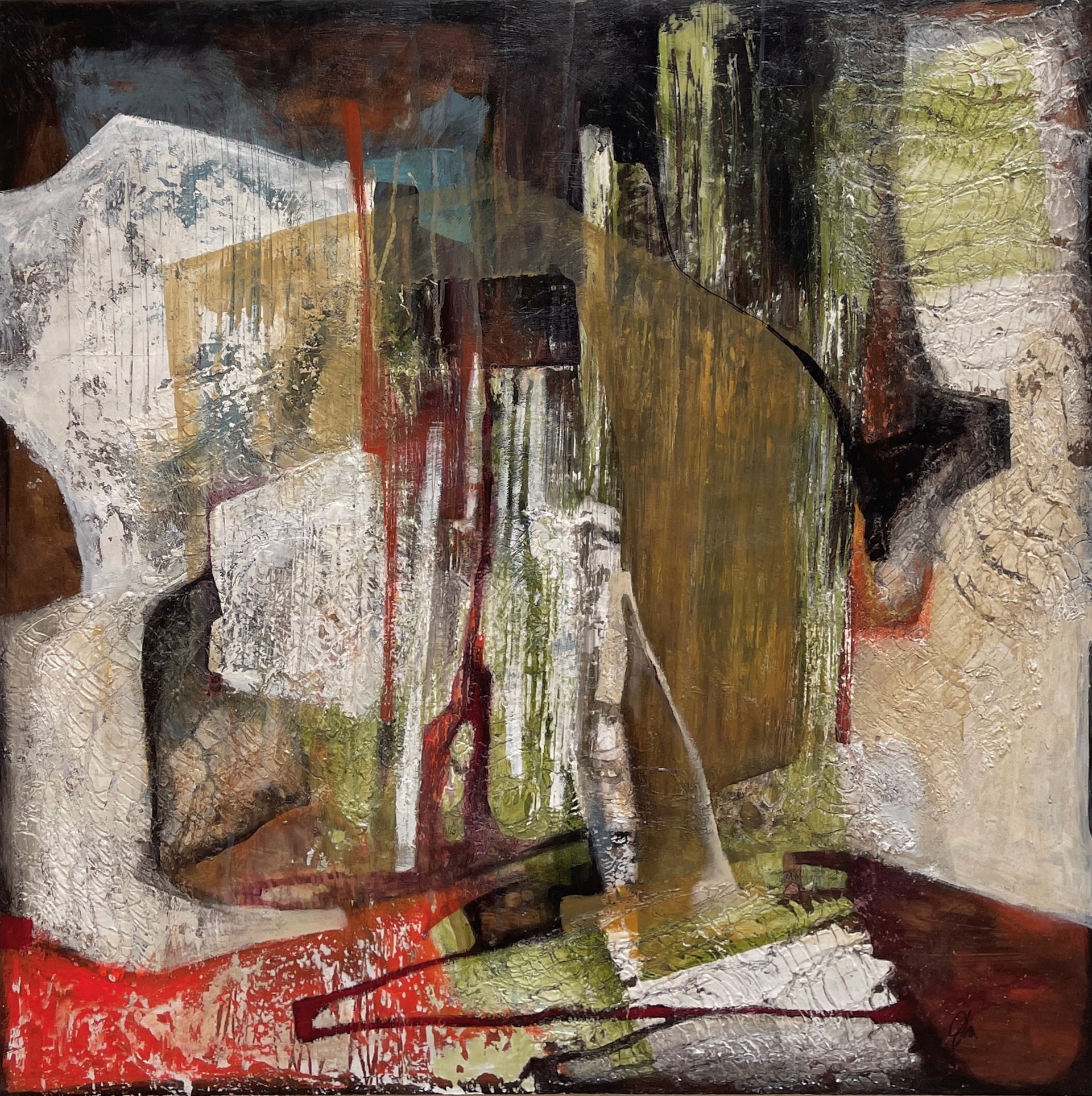 A painting of a man standing in front of a waterfall.