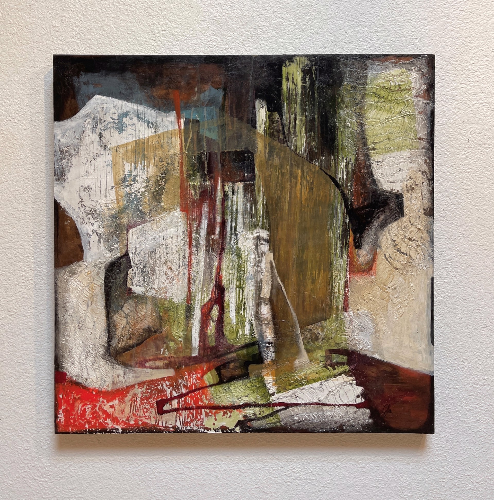 A painting of a man standing in front of a waterfall.