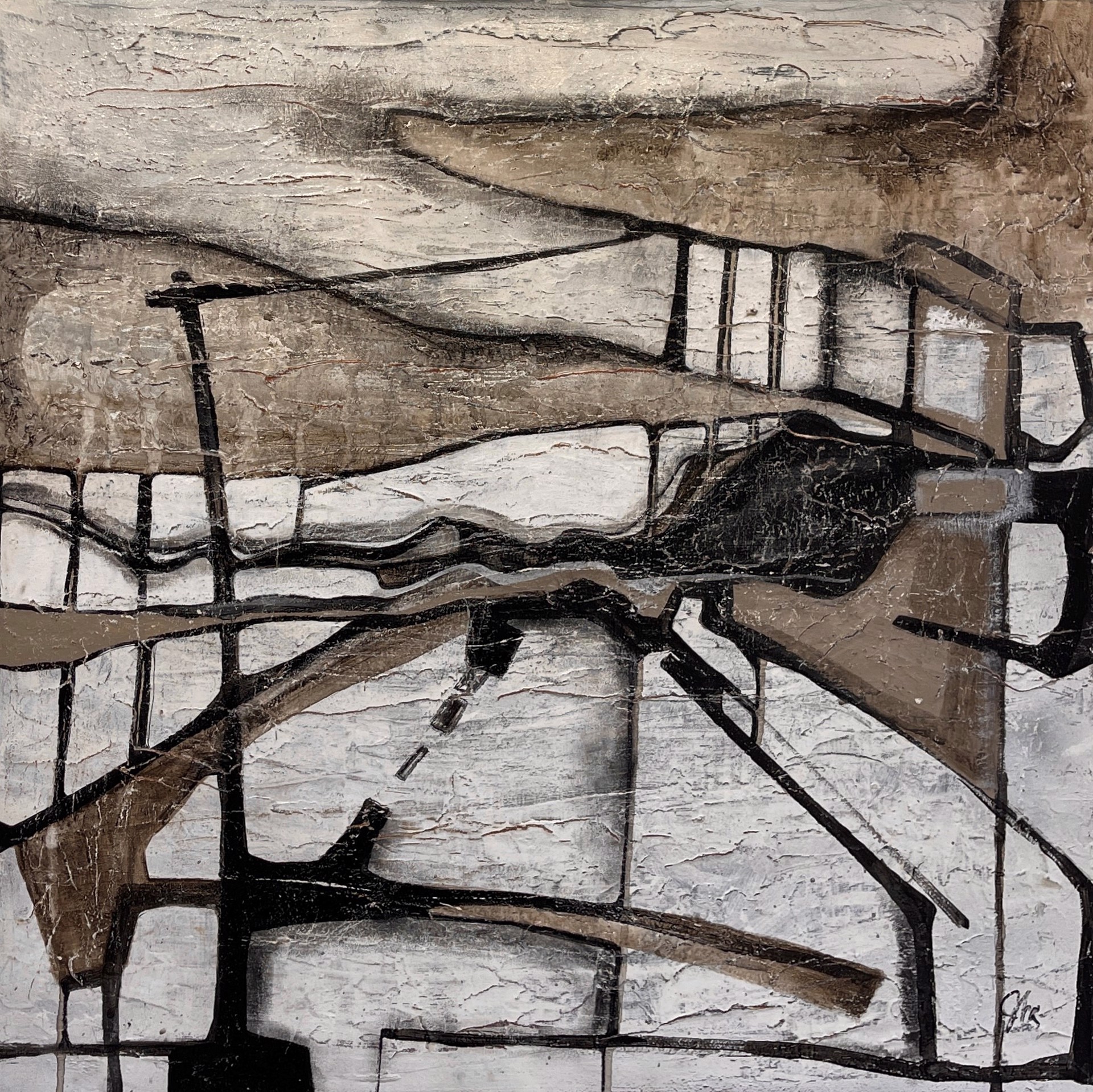 A painting of a black and white abstract painting on a wall.