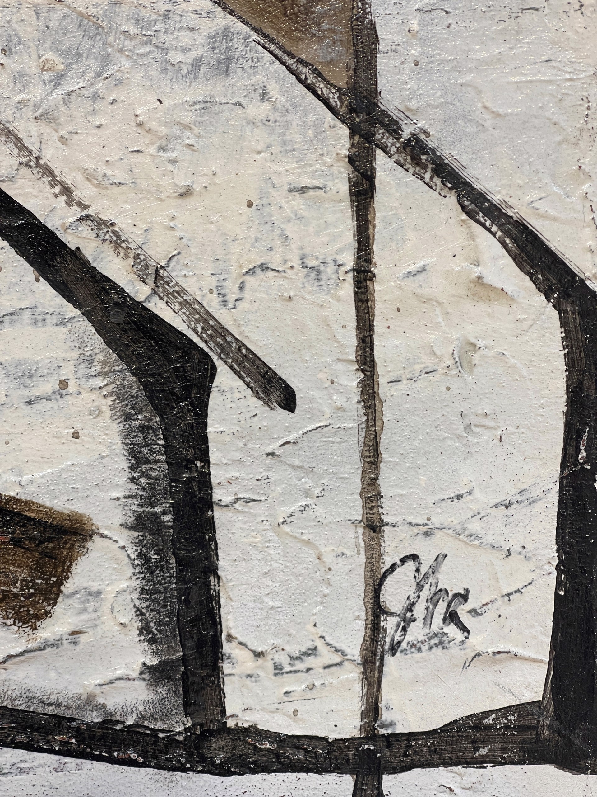 A painting of a black and white abstract painting on a wall.