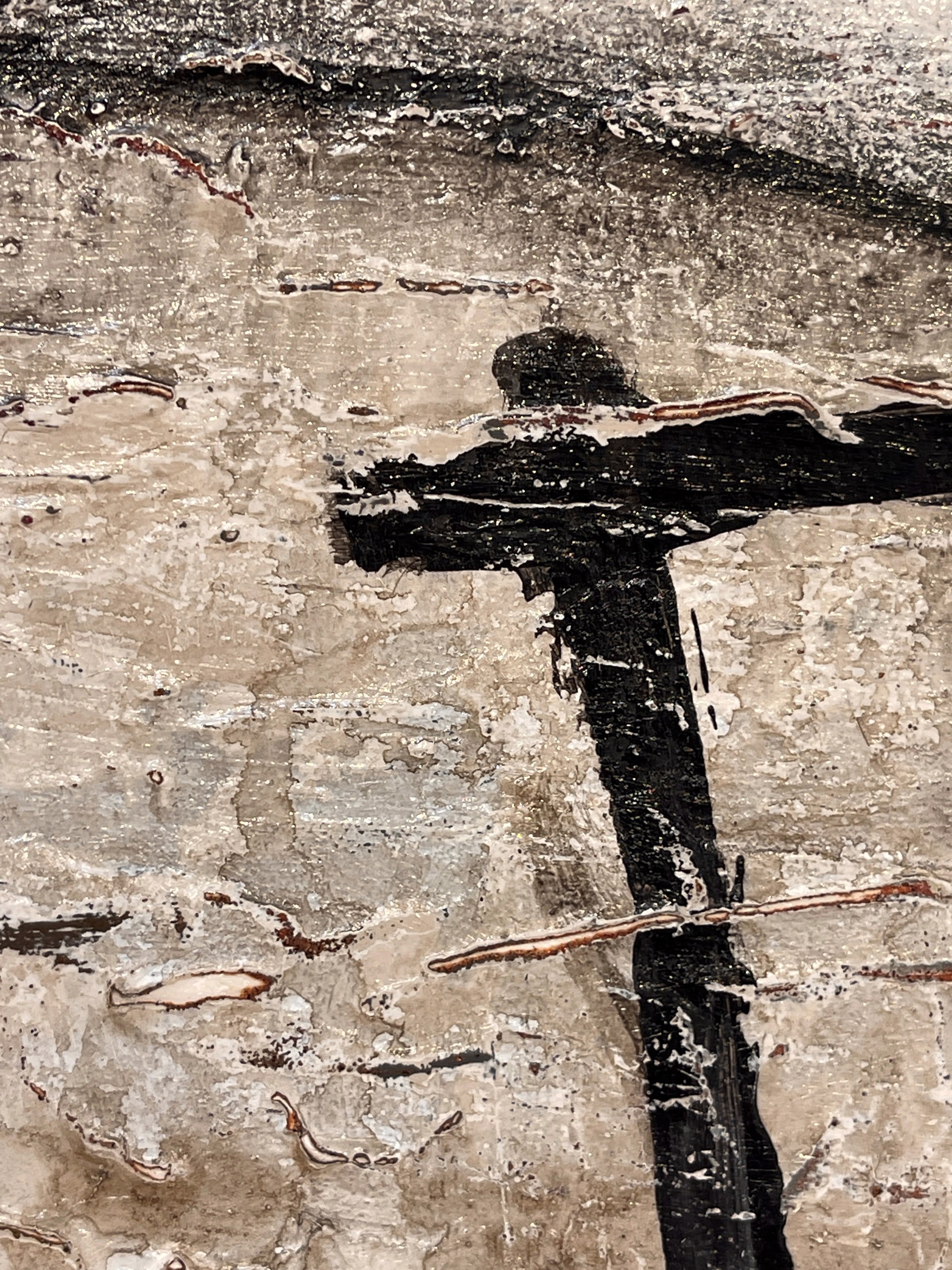 A painting of a black and white abstract painting on a wall.