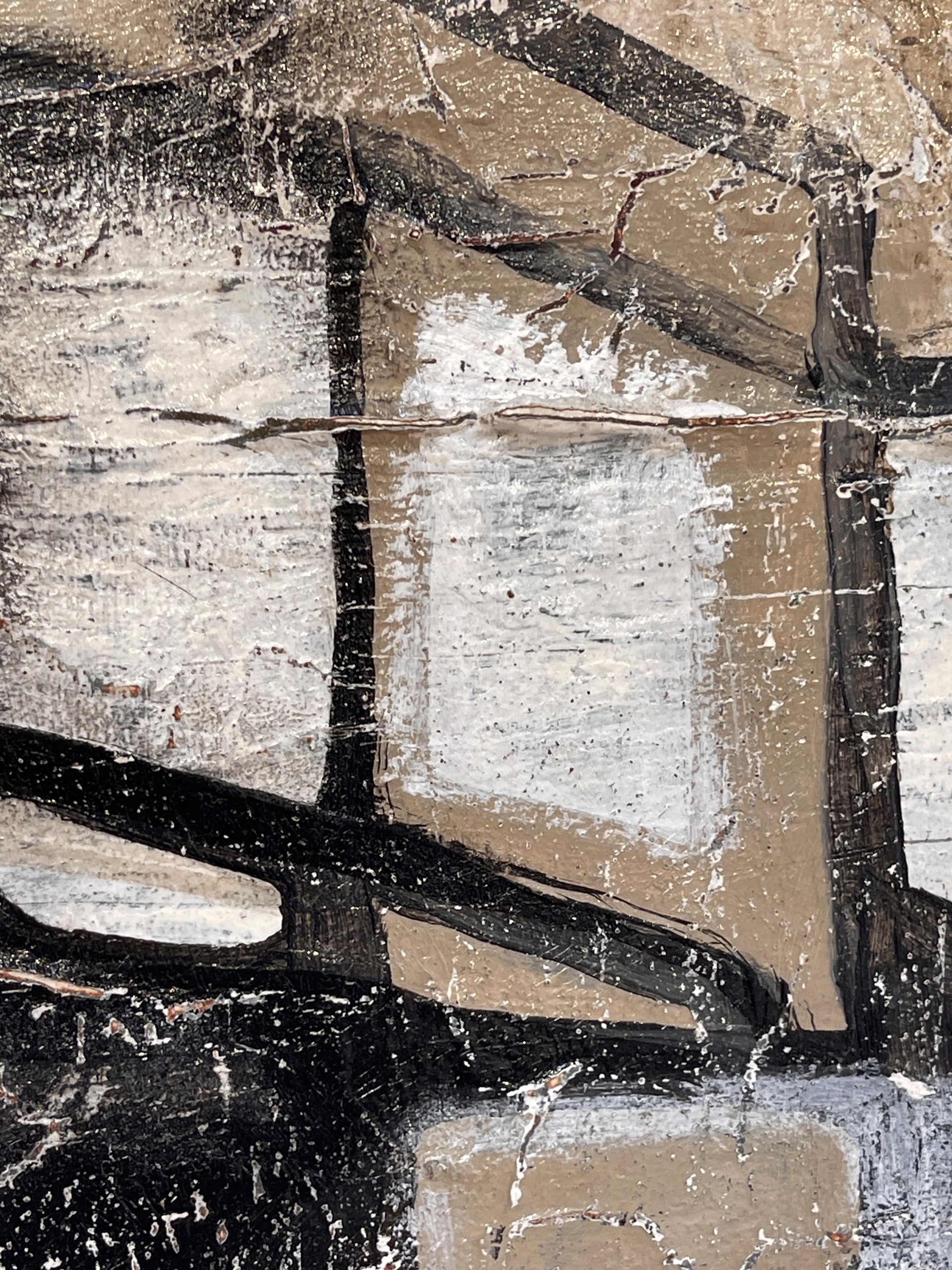 A painting of a black and white abstract painting on a wall.