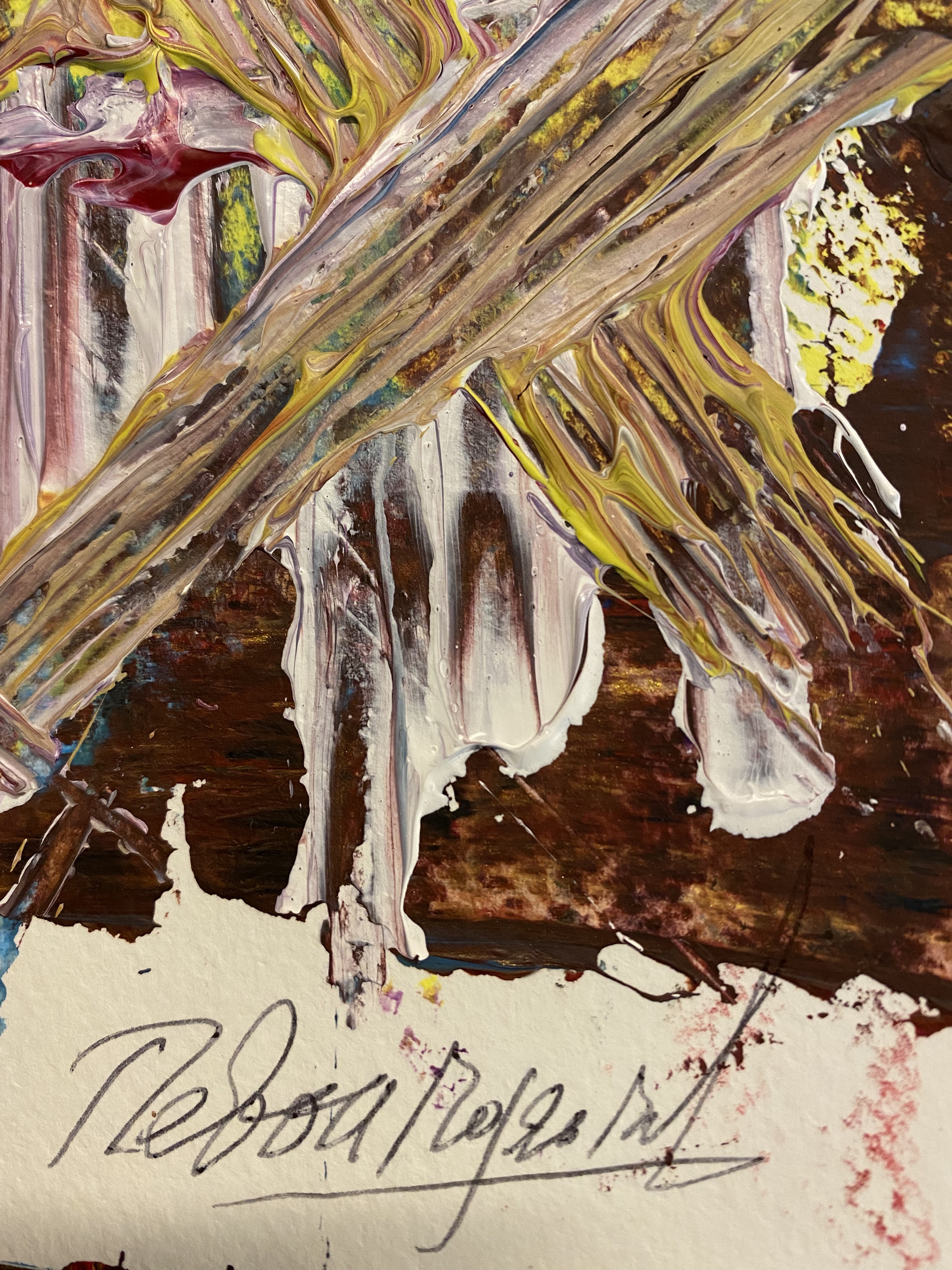 A painting on a wooden surface with a brown background.