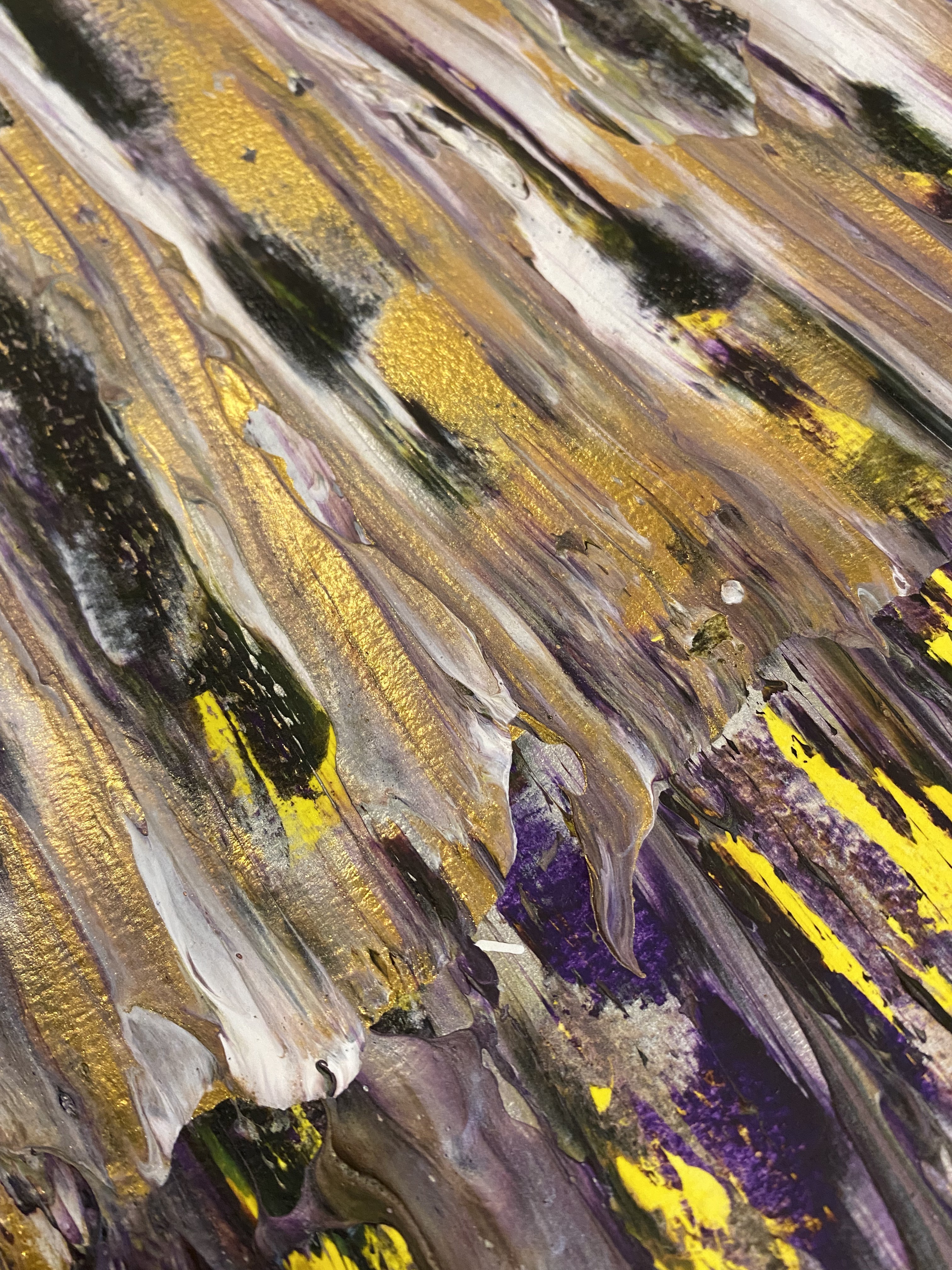 An abstract painting featuring vertical brushstrokes in a palette of purple, yellow, and black.