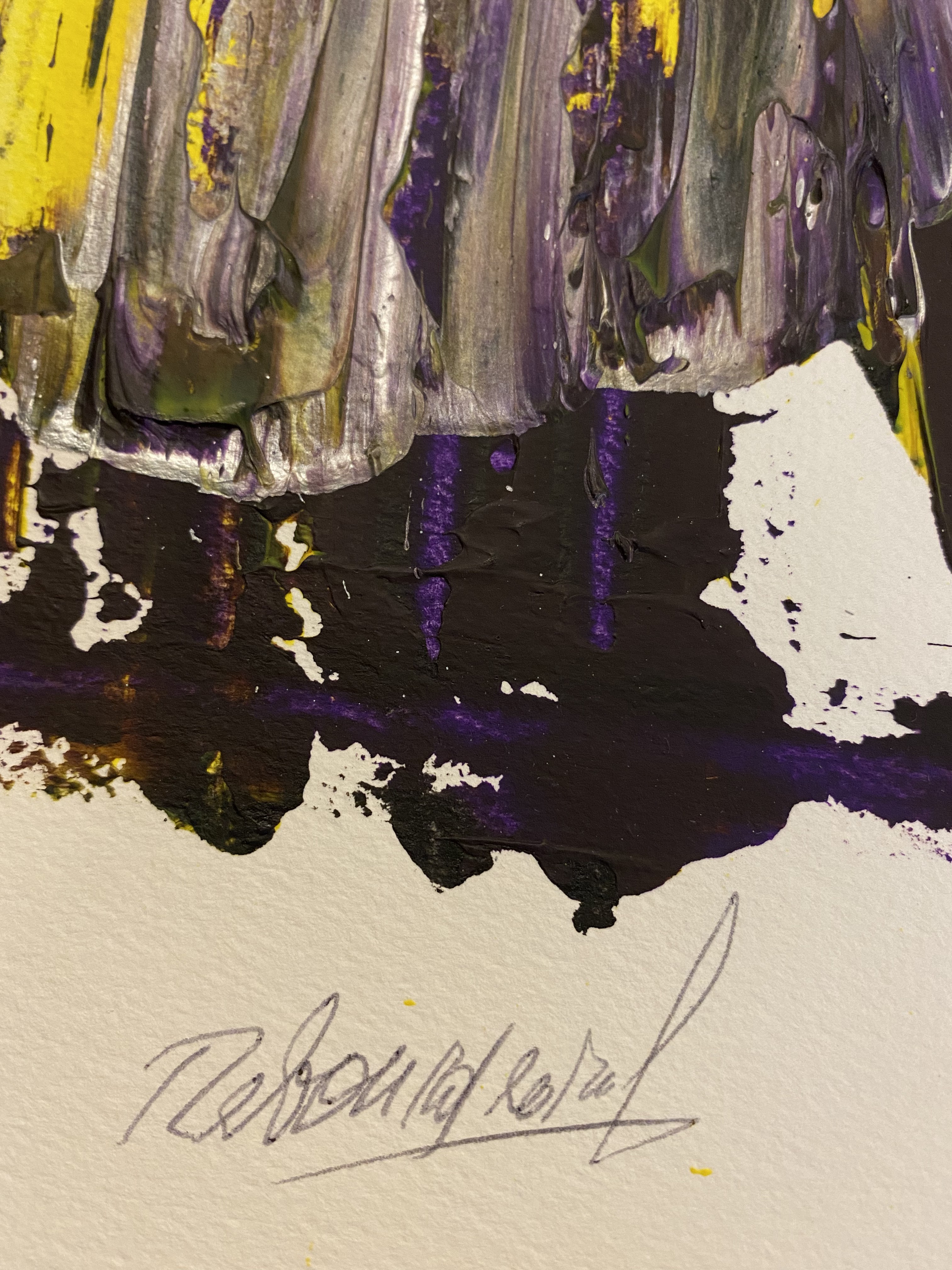 An abstract painting featuring vertical brushstrokes in a palette of purple, yellow, and black.