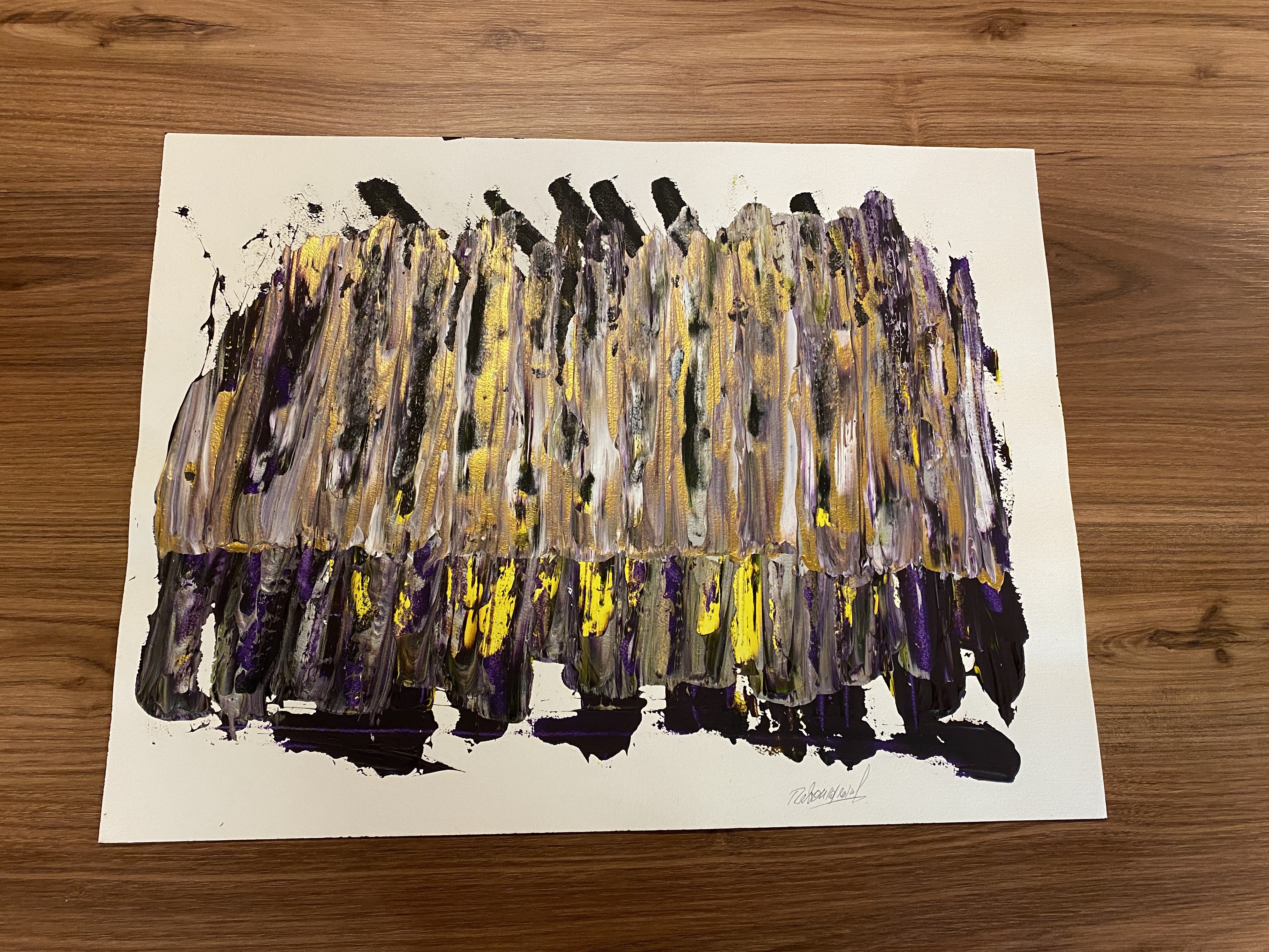 An abstract painting featuring vertical brushstrokes in a palette of purple, yellow, and black.