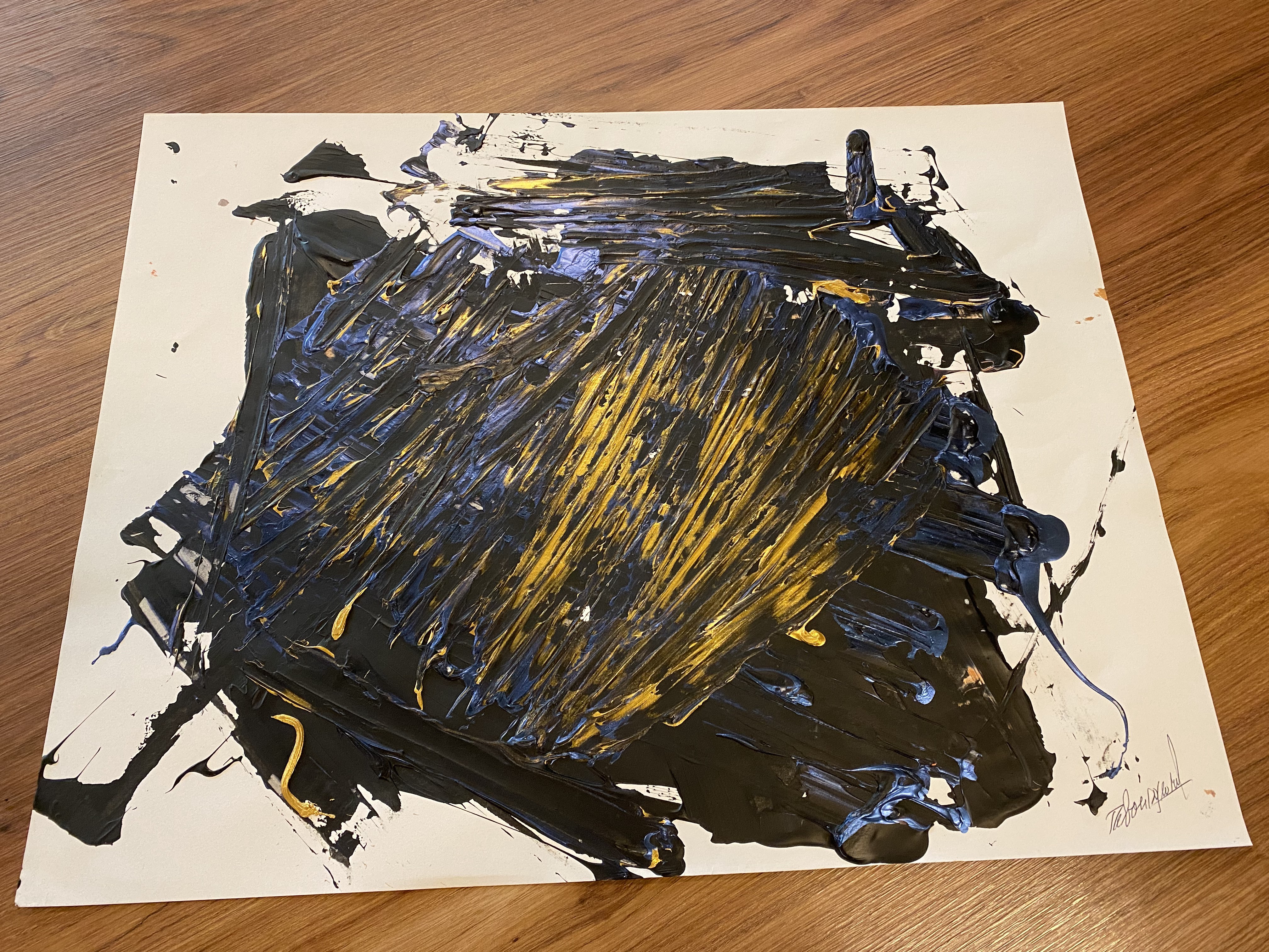 A dynamic abstract expressionist piece featuring bold, layered brushstrokes in black, blue, and gold on a white canvas.
