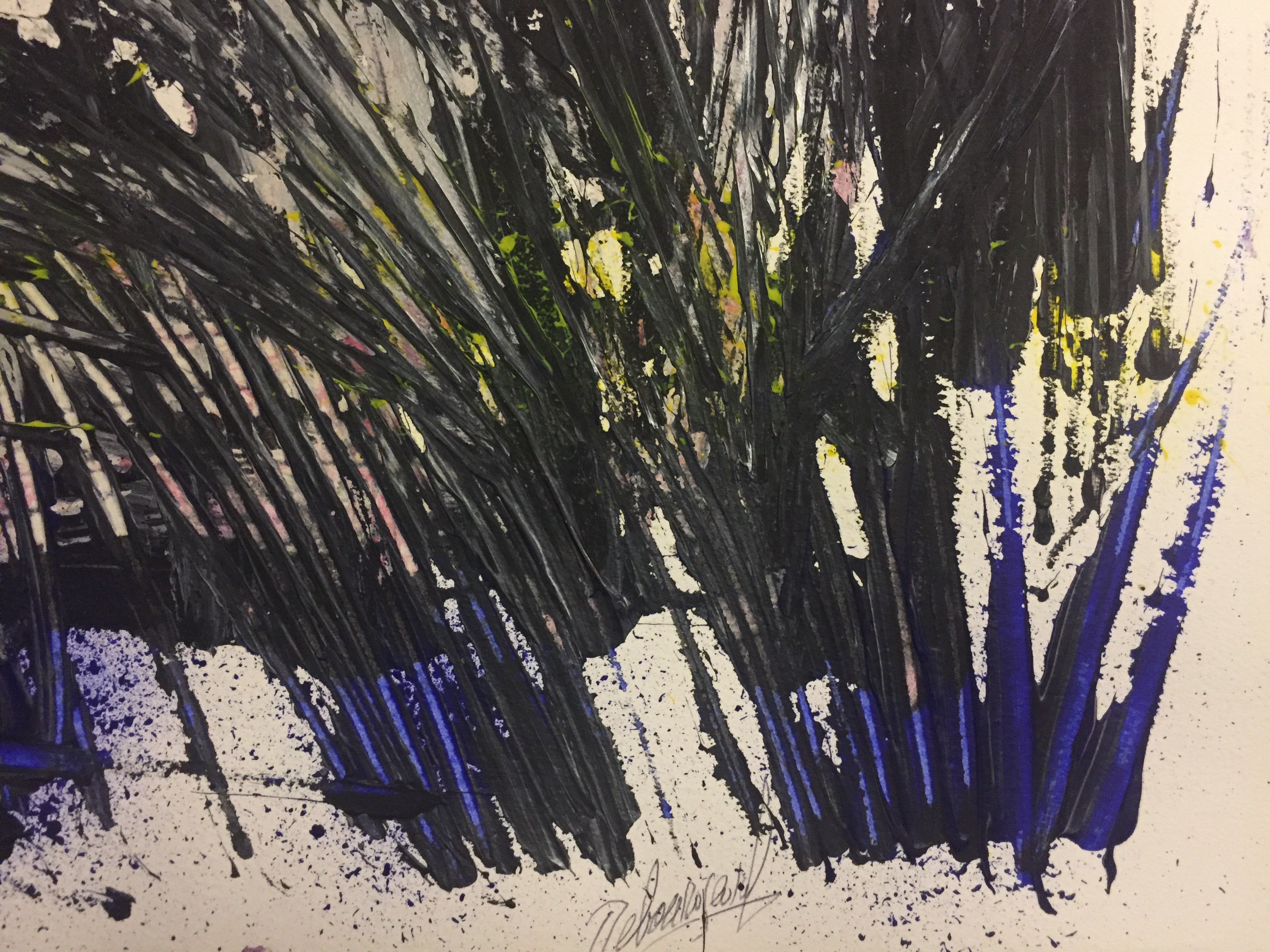 A painting on a wooden surface with black and yellow paint.