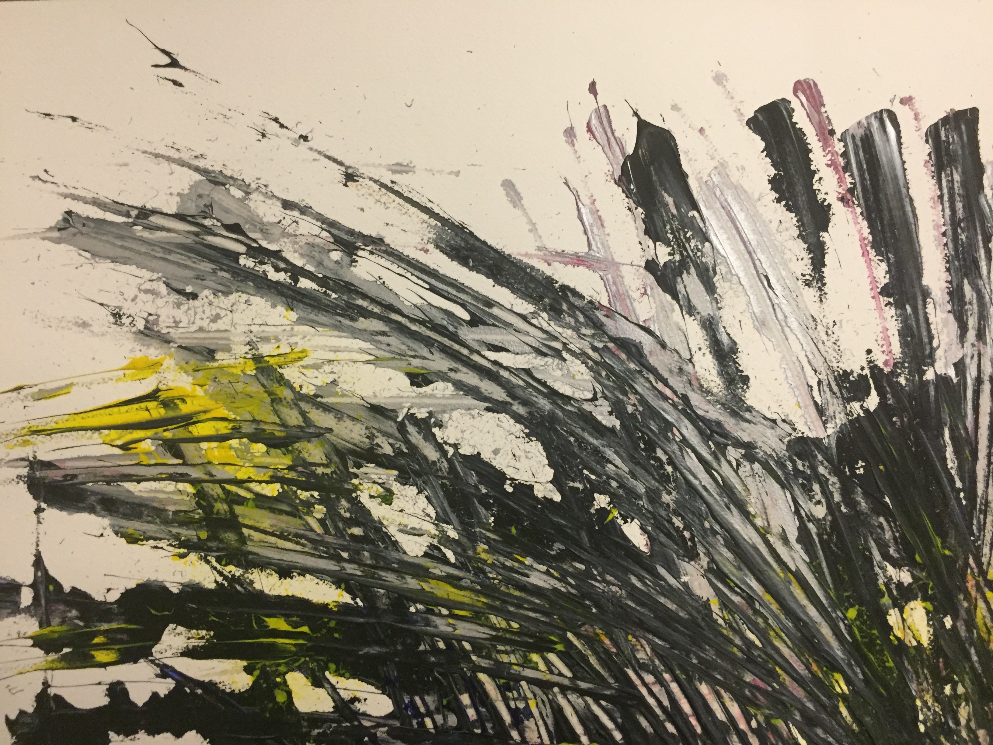 A painting on a wooden surface with black and yellow paint.
