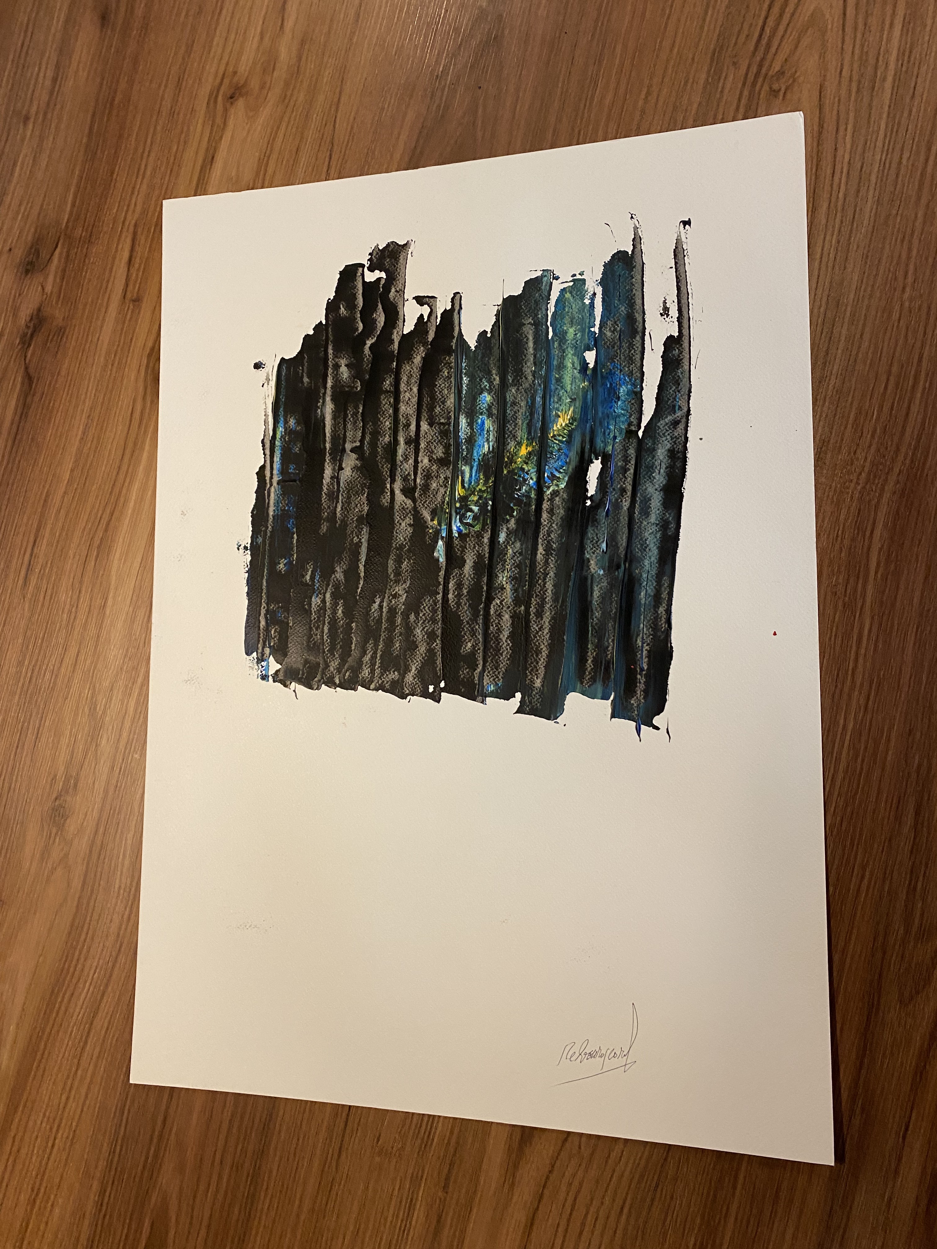 A painting on a wooden surface with a white background.