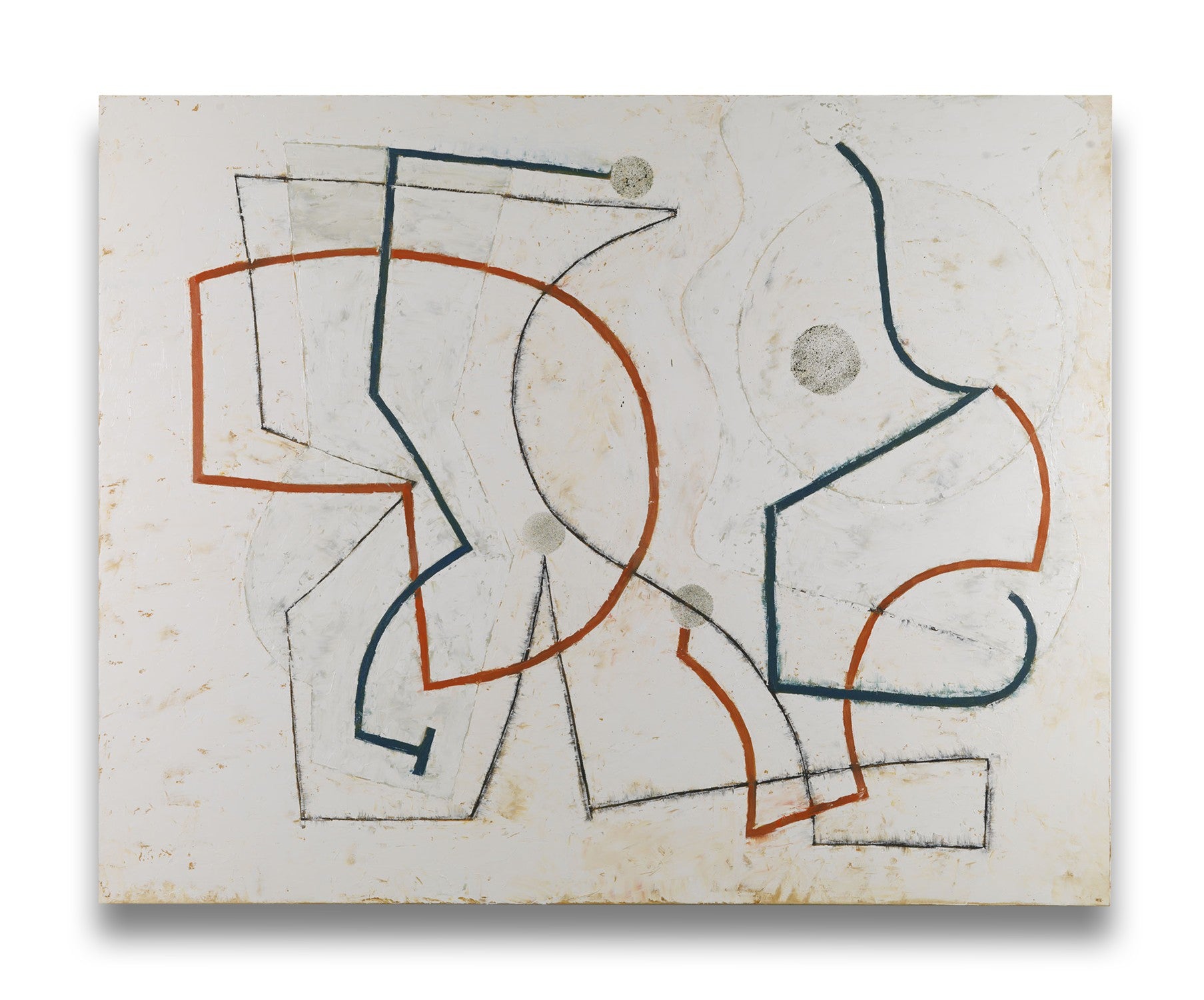 A painting on a white wall with orange and blue lines.