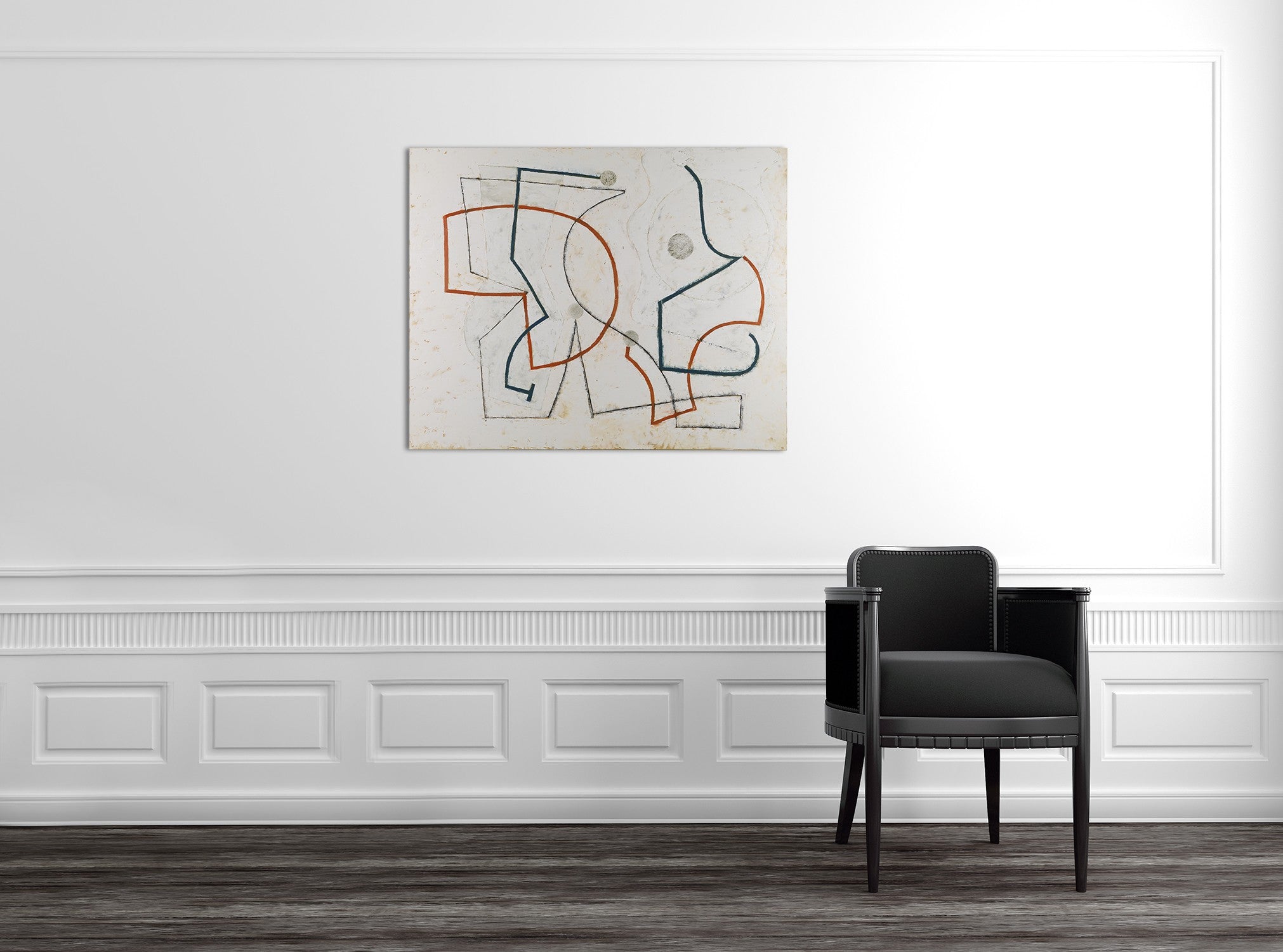 A painting on a white wall with orange and blue lines.