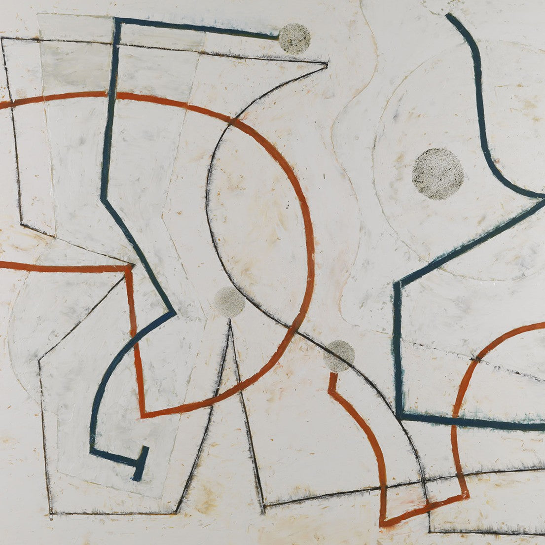 A painting on a white wall with orange and blue lines.