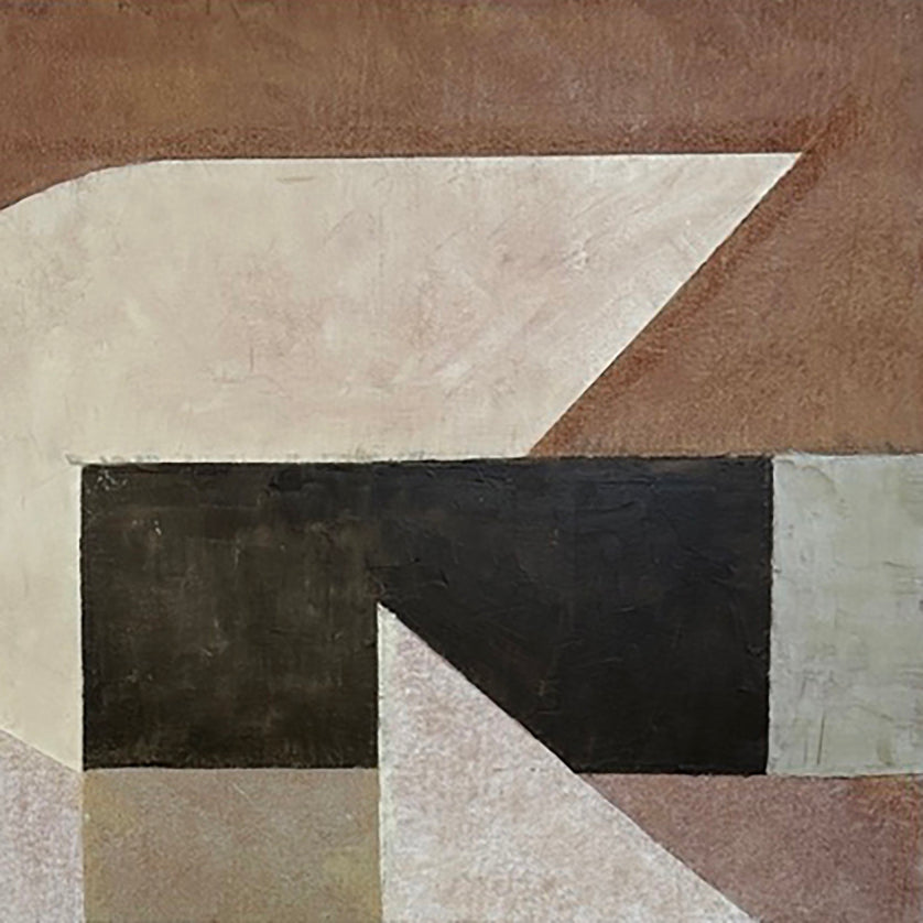 A painting of a brown, beige, and black geometric design.