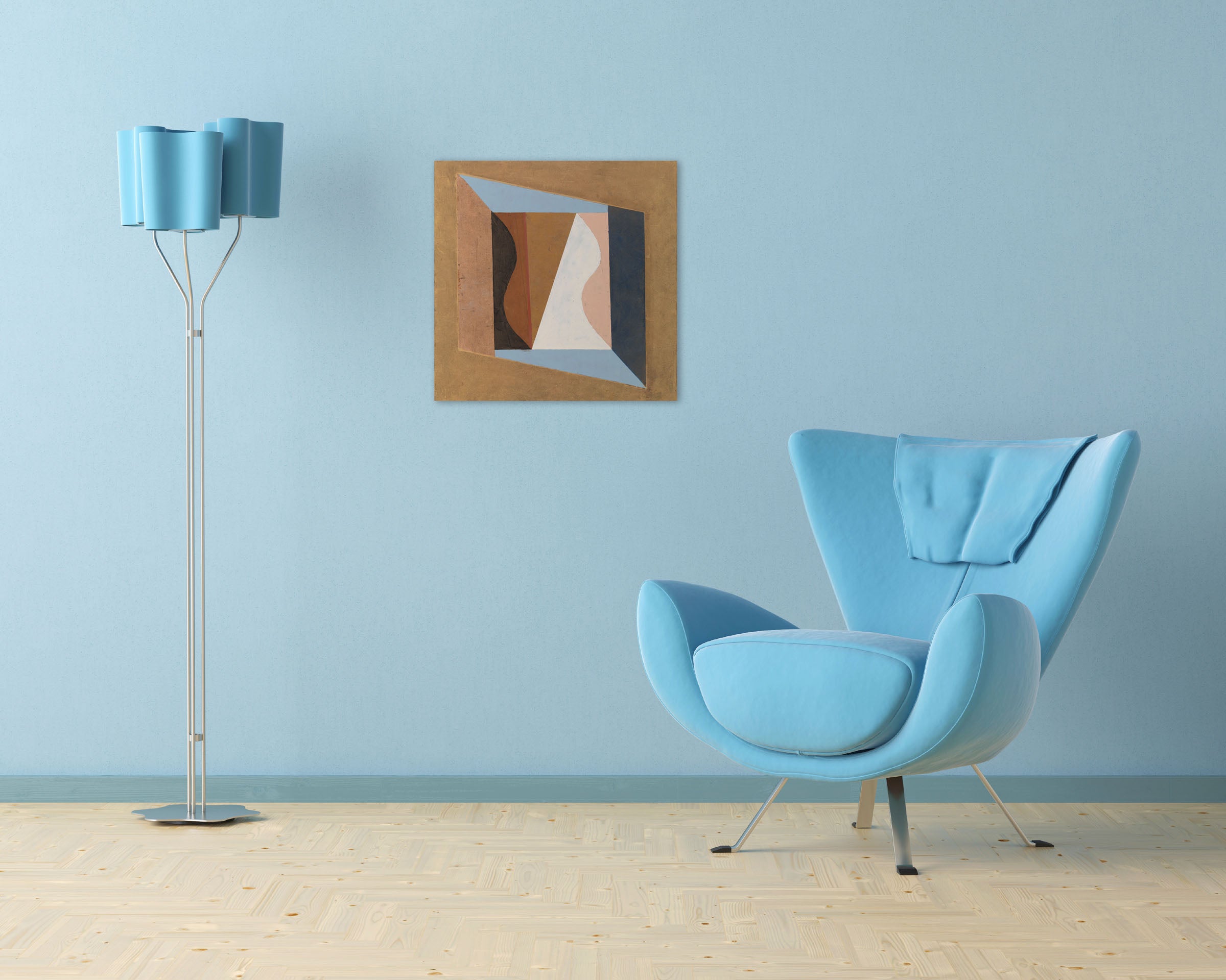 A painting of a woman's face in a square frame.