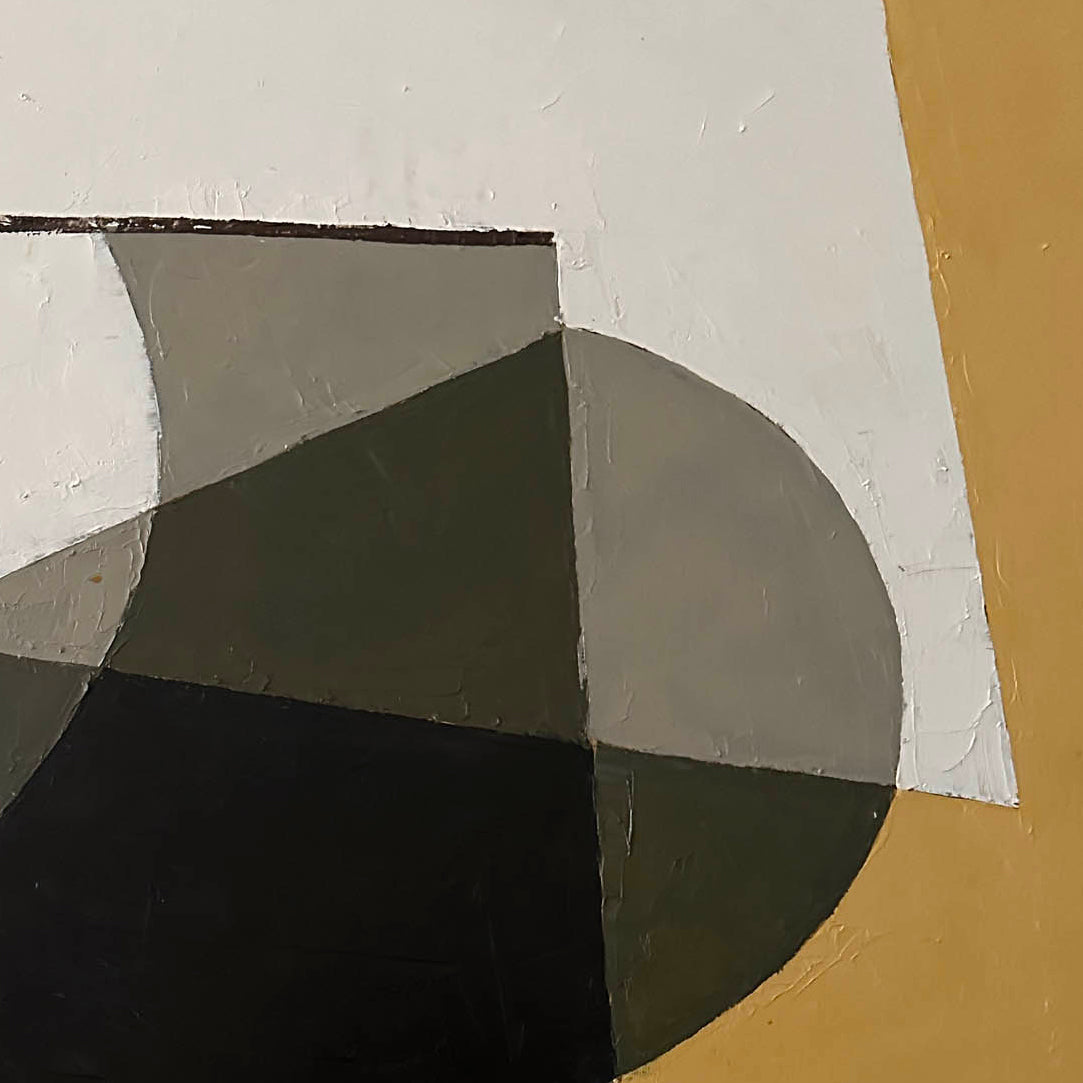 A painting of a black and white abstract painting on a yellow background.