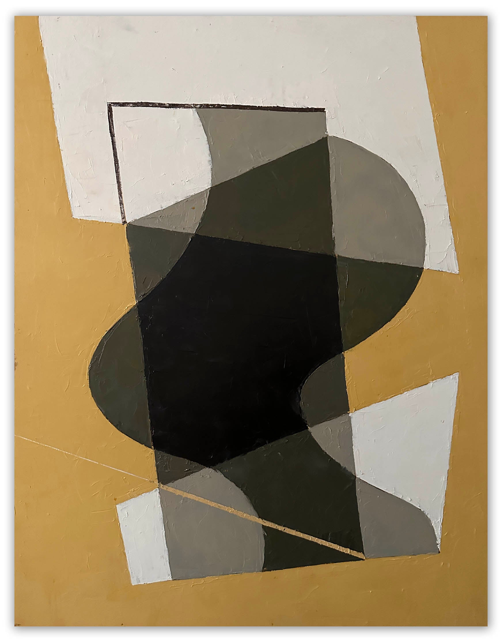 A painting of a black and white abstract painting on a yellow background.