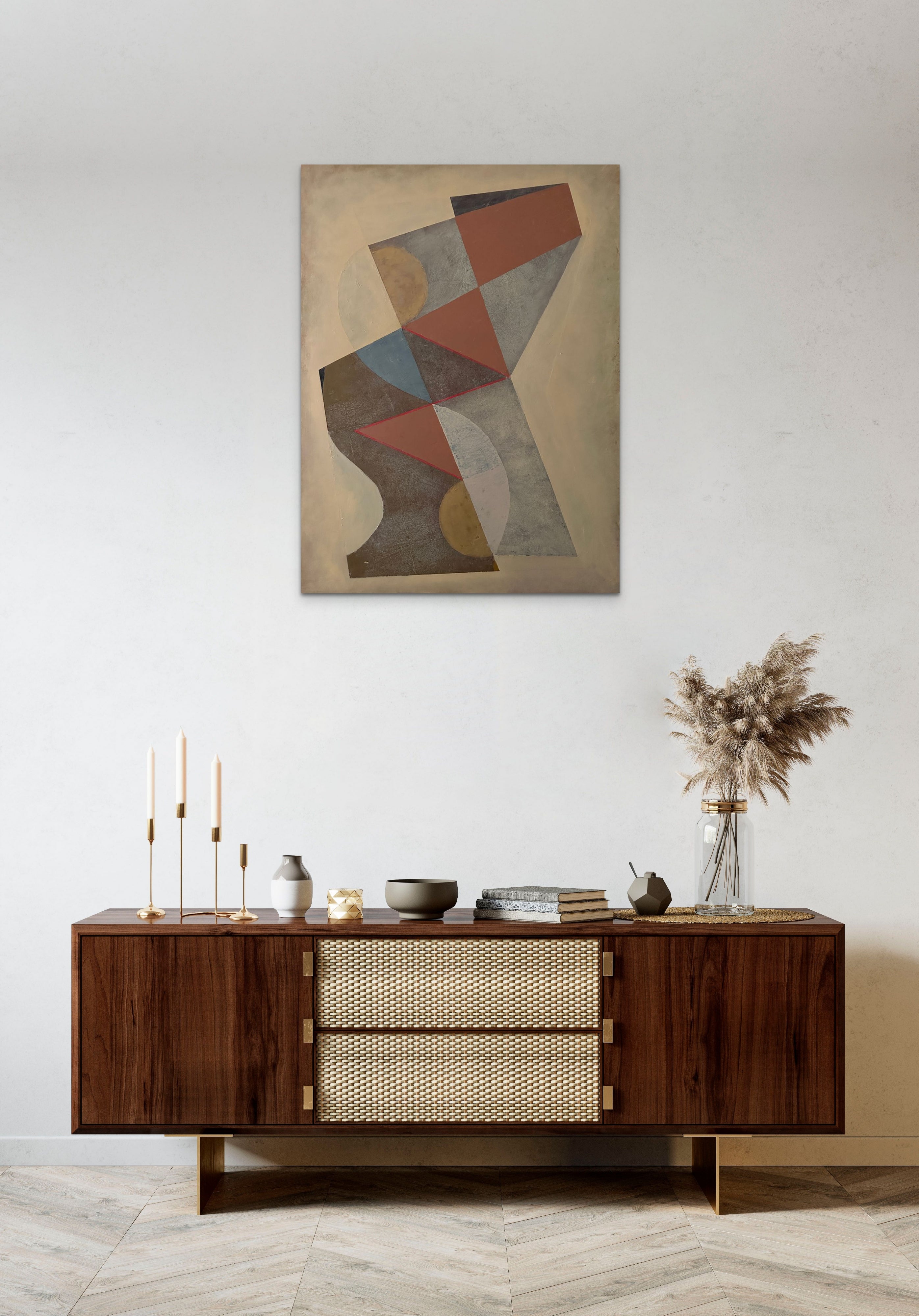 A painting of a geometric design on a beige background.