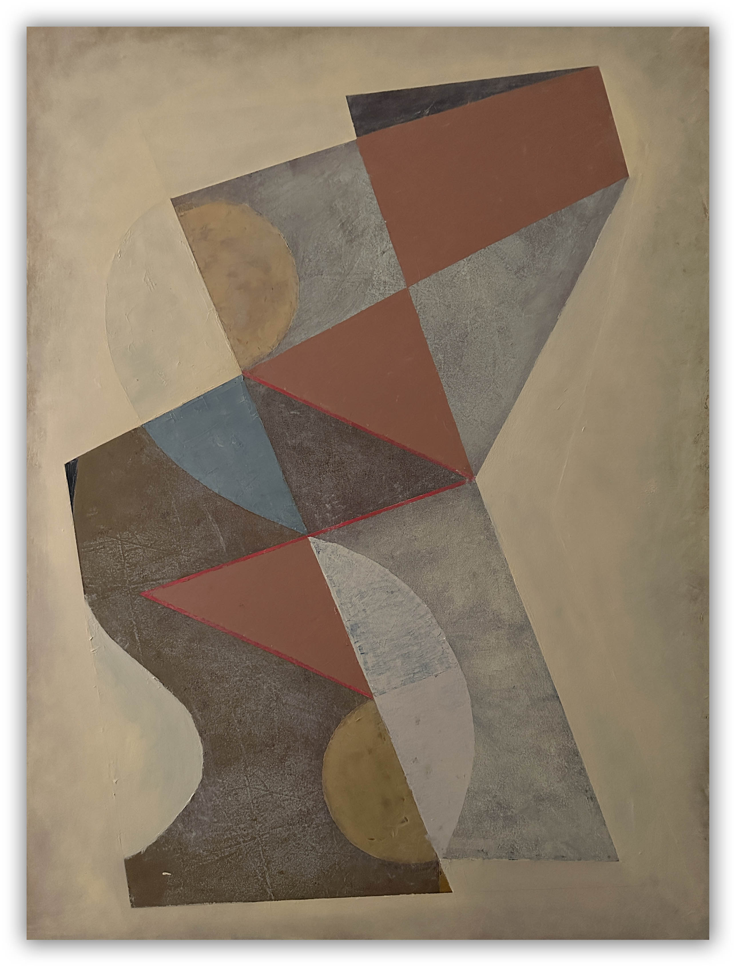 A painting of a geometric design on a beige background.