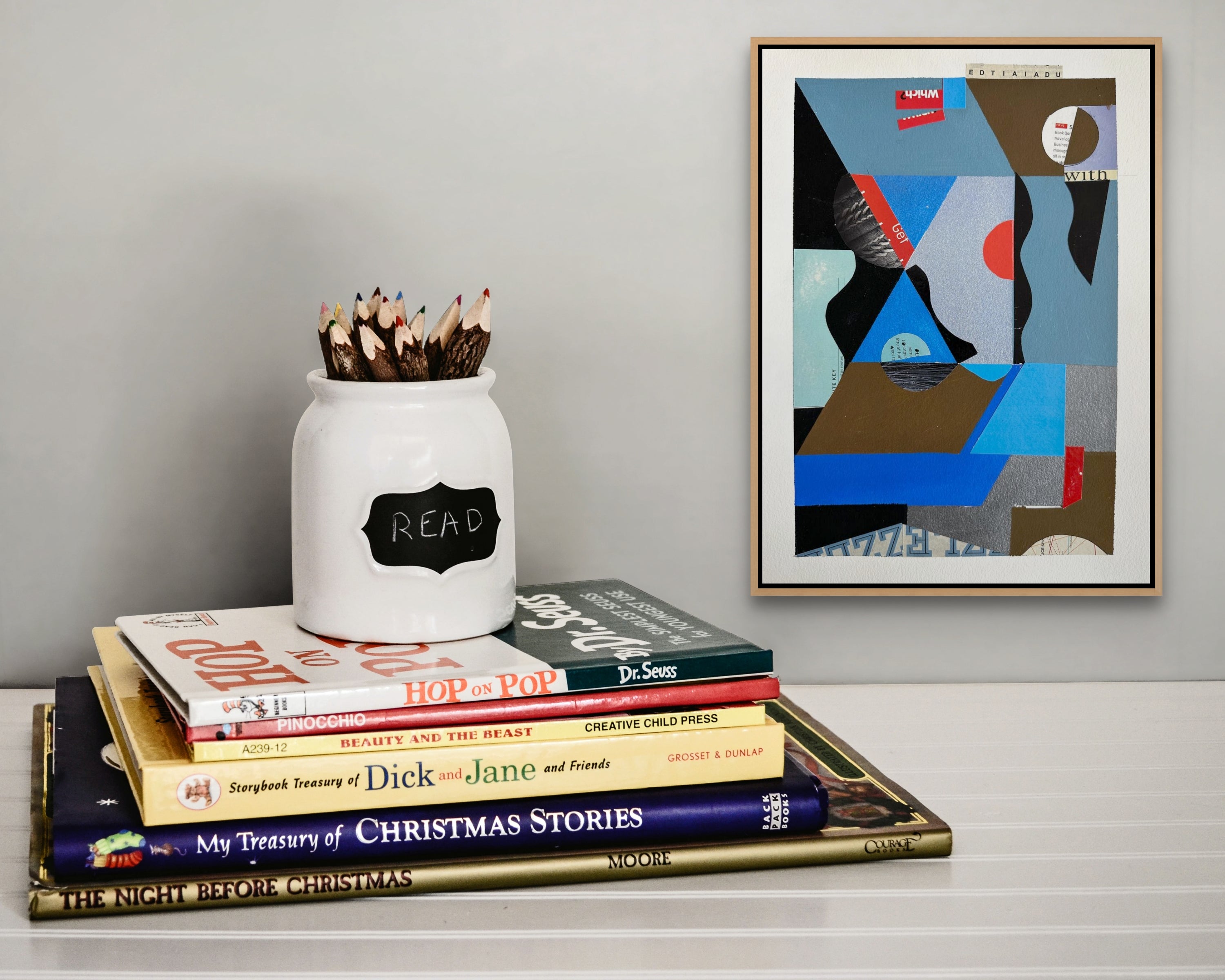 A collage of various shapes and colors on a white background.