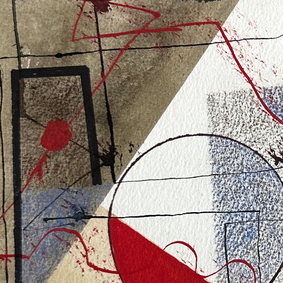 A painting with red, blue, and black lines on a beige background.