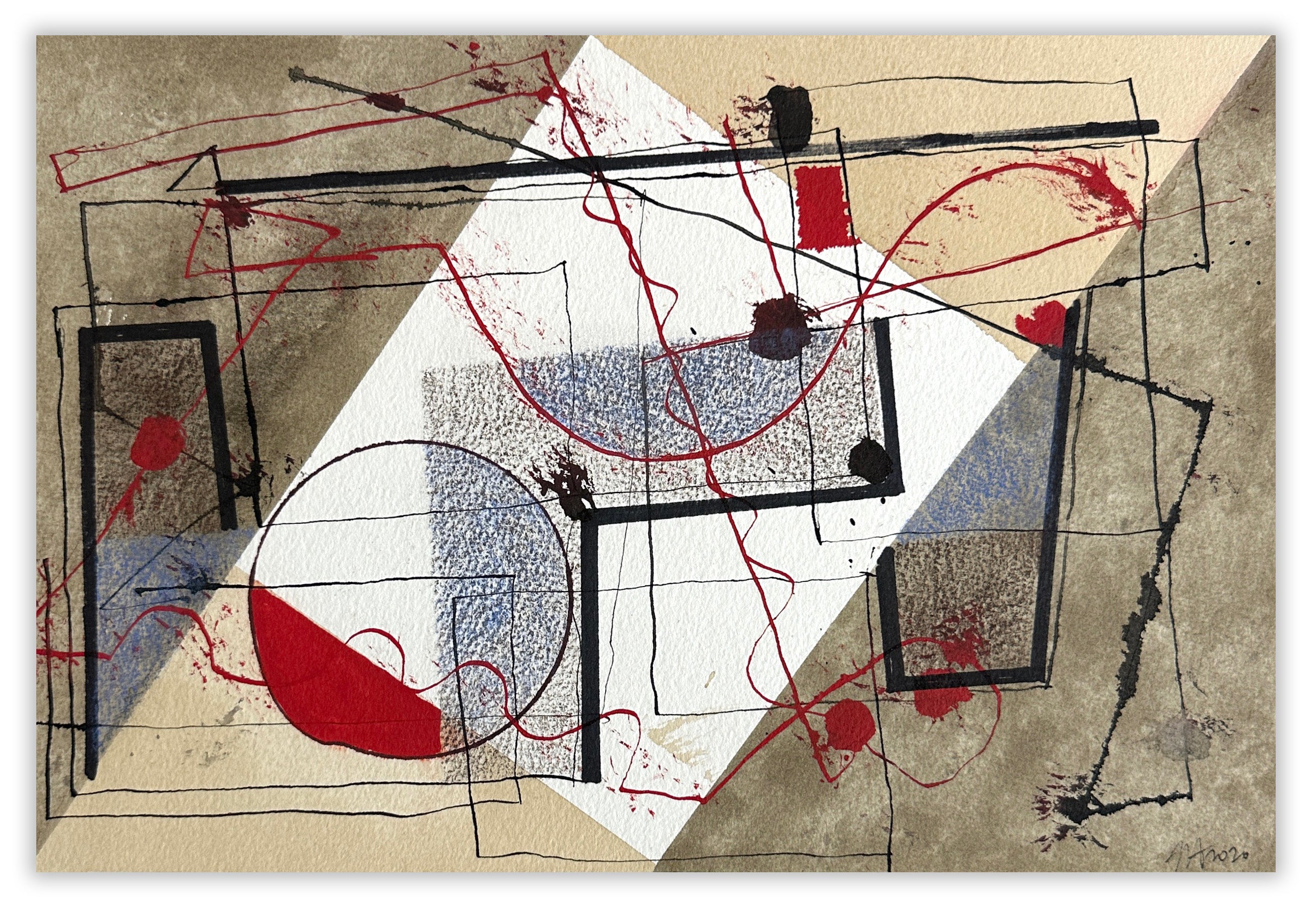 A painting with red, blue, and black lines on a beige background.
