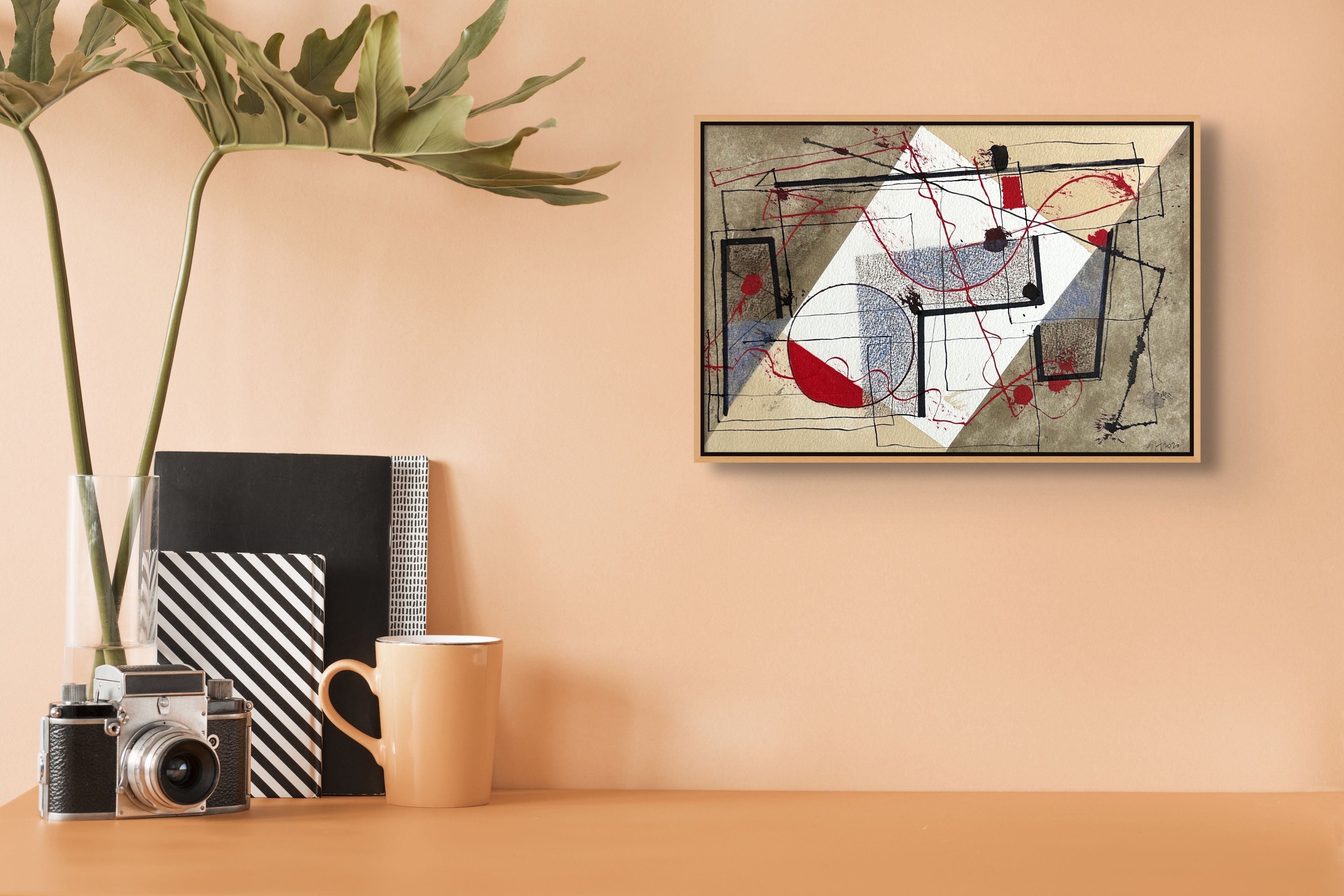 A painting with red, blue, and black lines on a beige background.