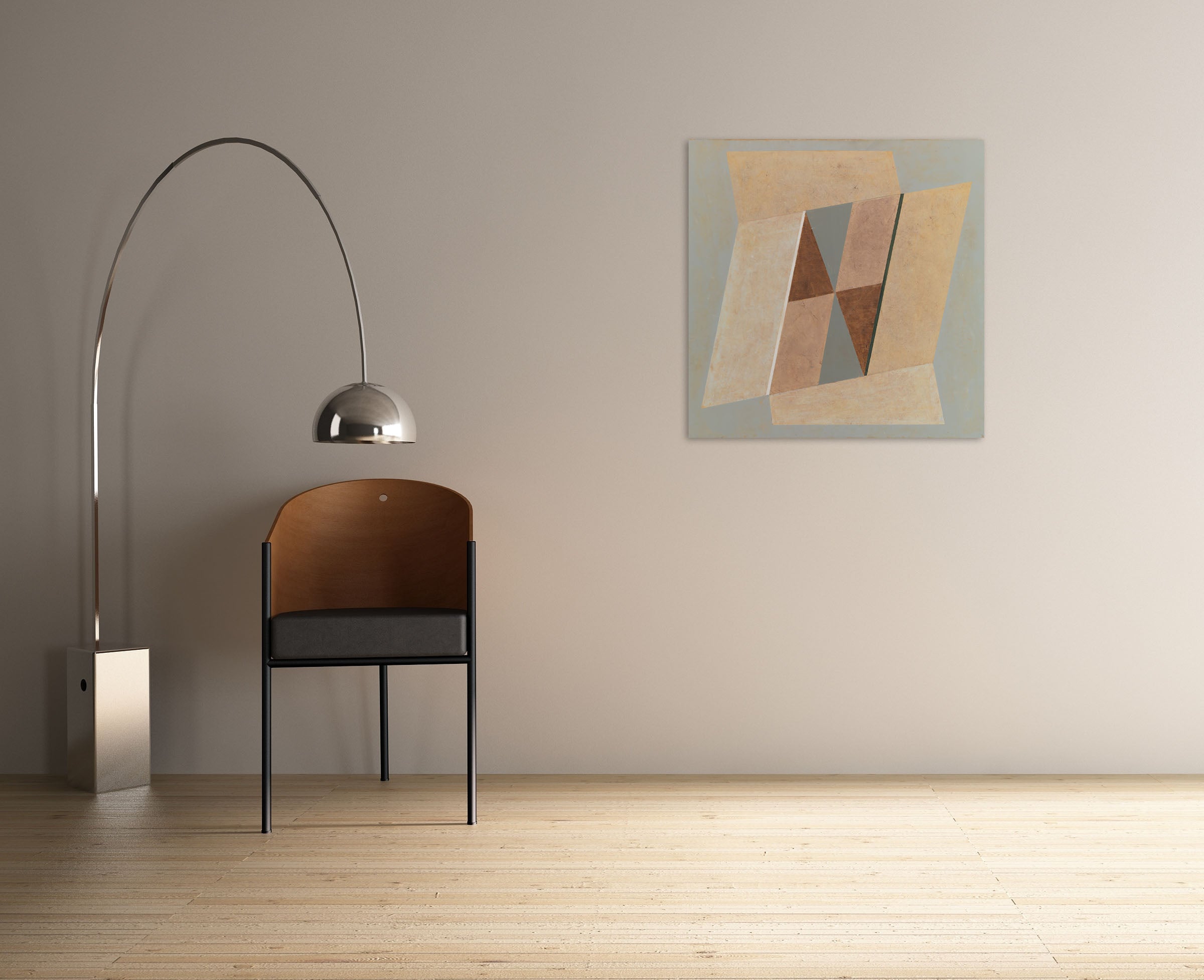 A painting of two triangles on a beige and brown background.