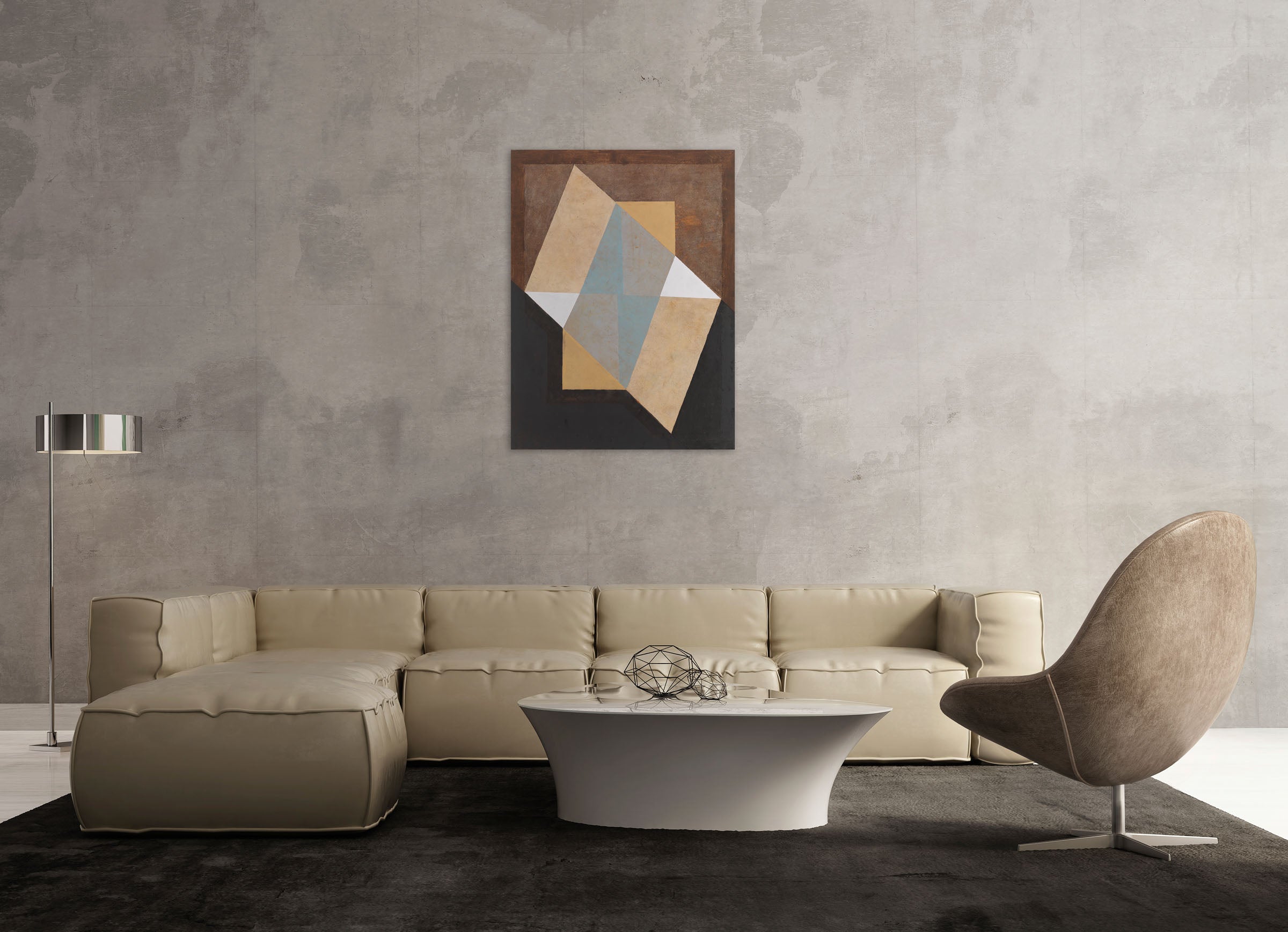 A painting of a square with a triangle in the middle.