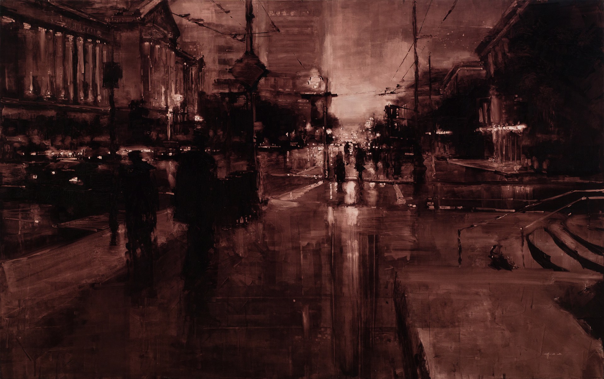 A painting of people walking down a city street at night.