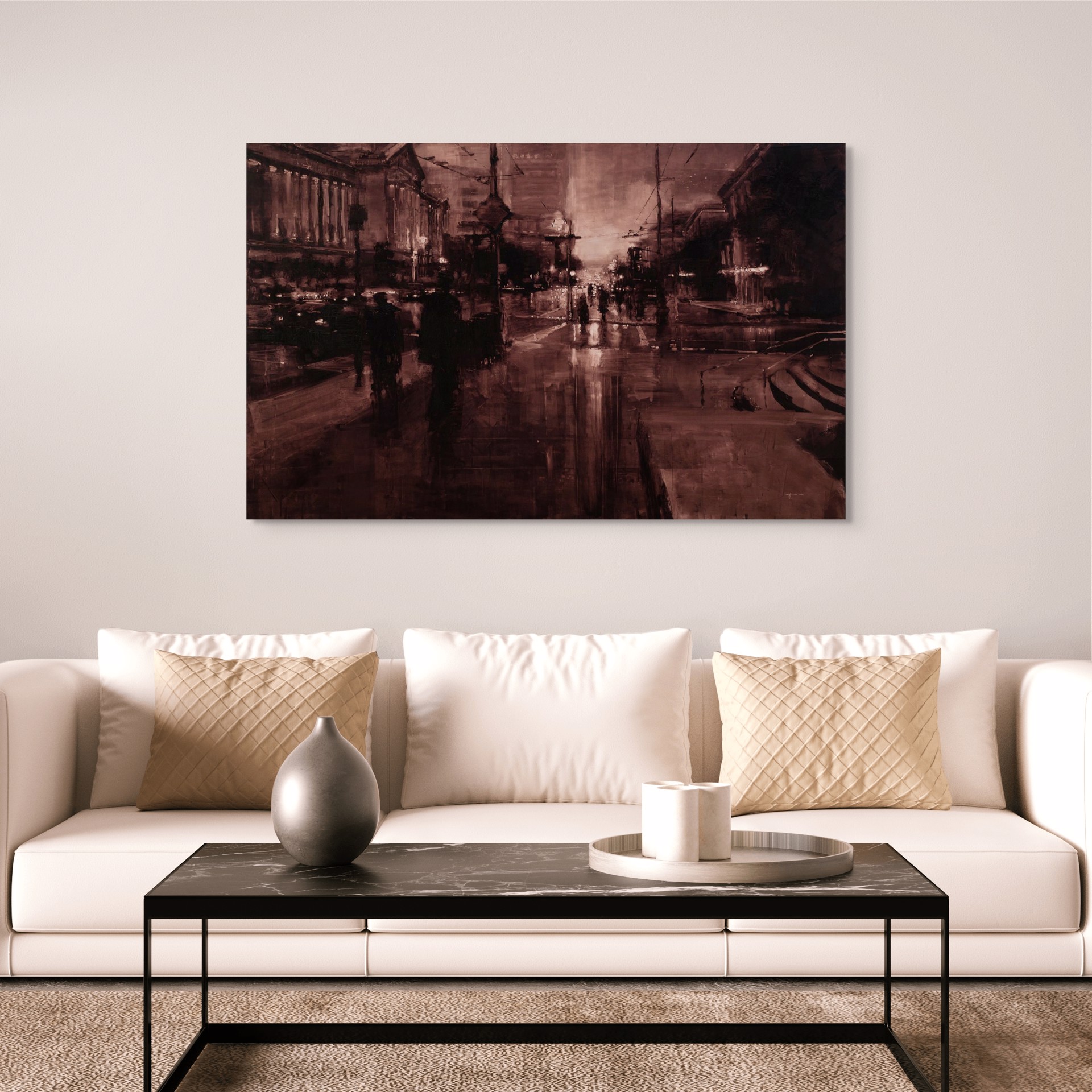 A painting of people walking down a city street at night.