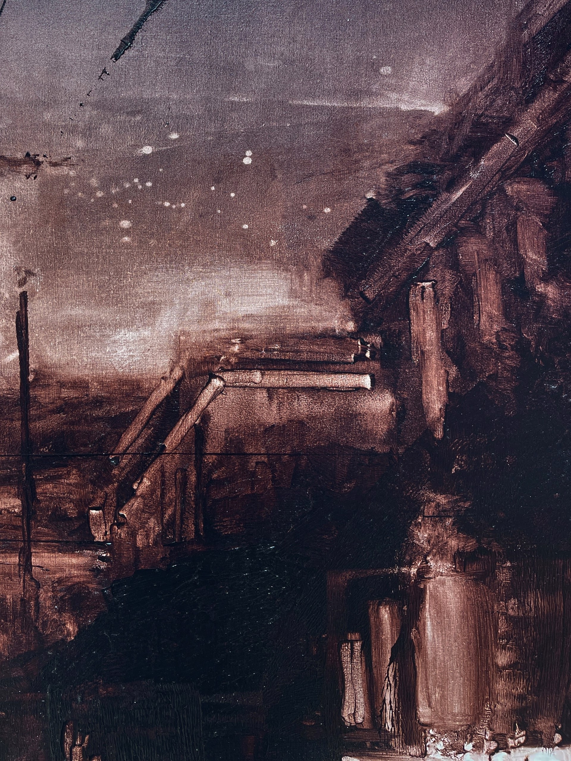 A painting of people walking down a city street at night.