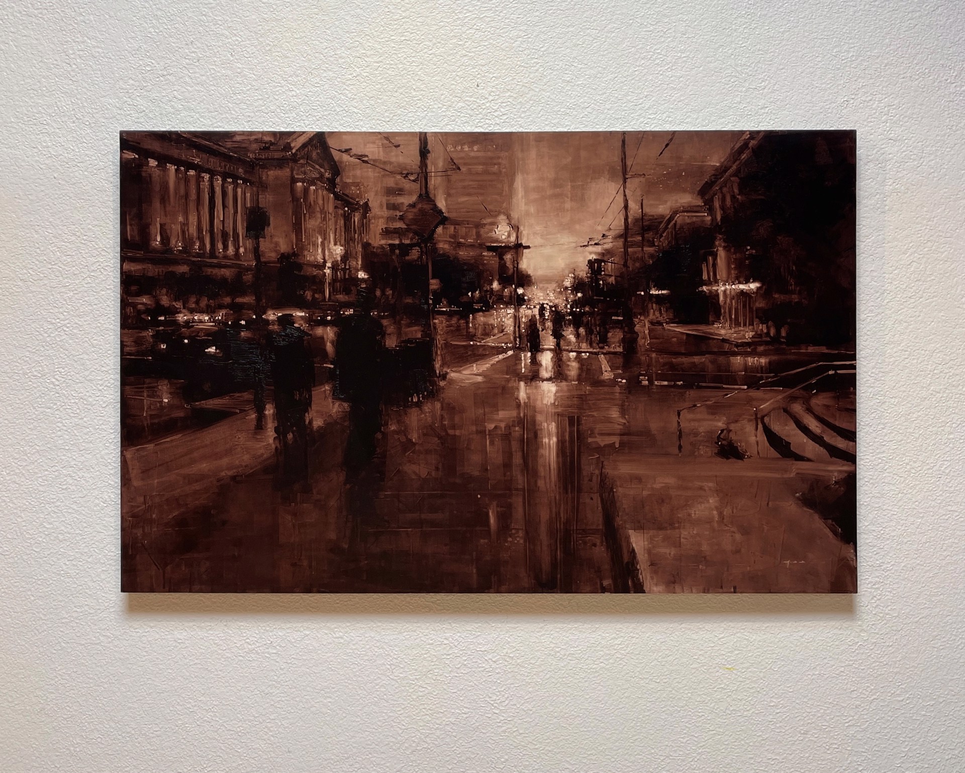 A painting of people walking down a city street at night.