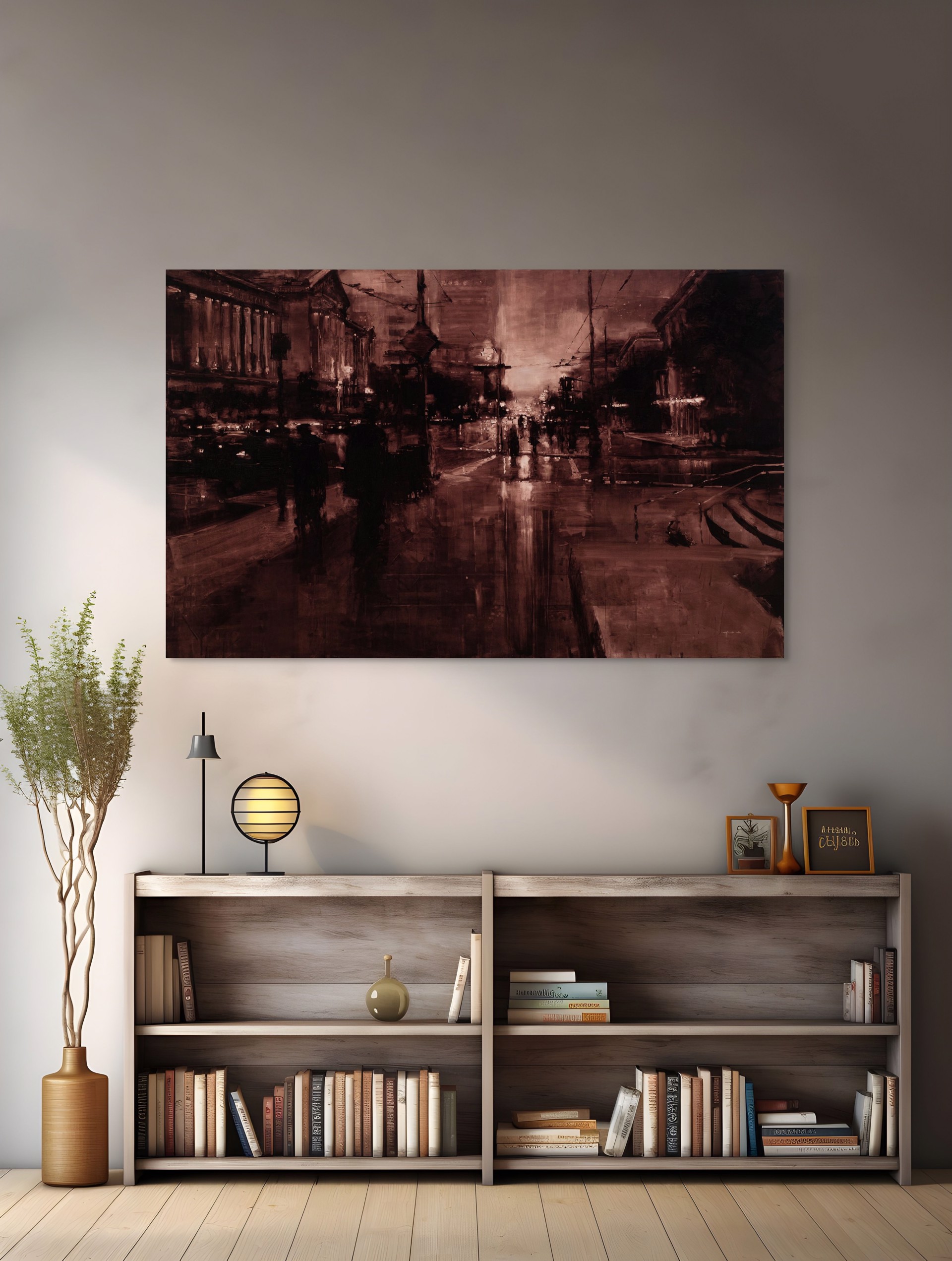 A painting of people walking down a city street at night.