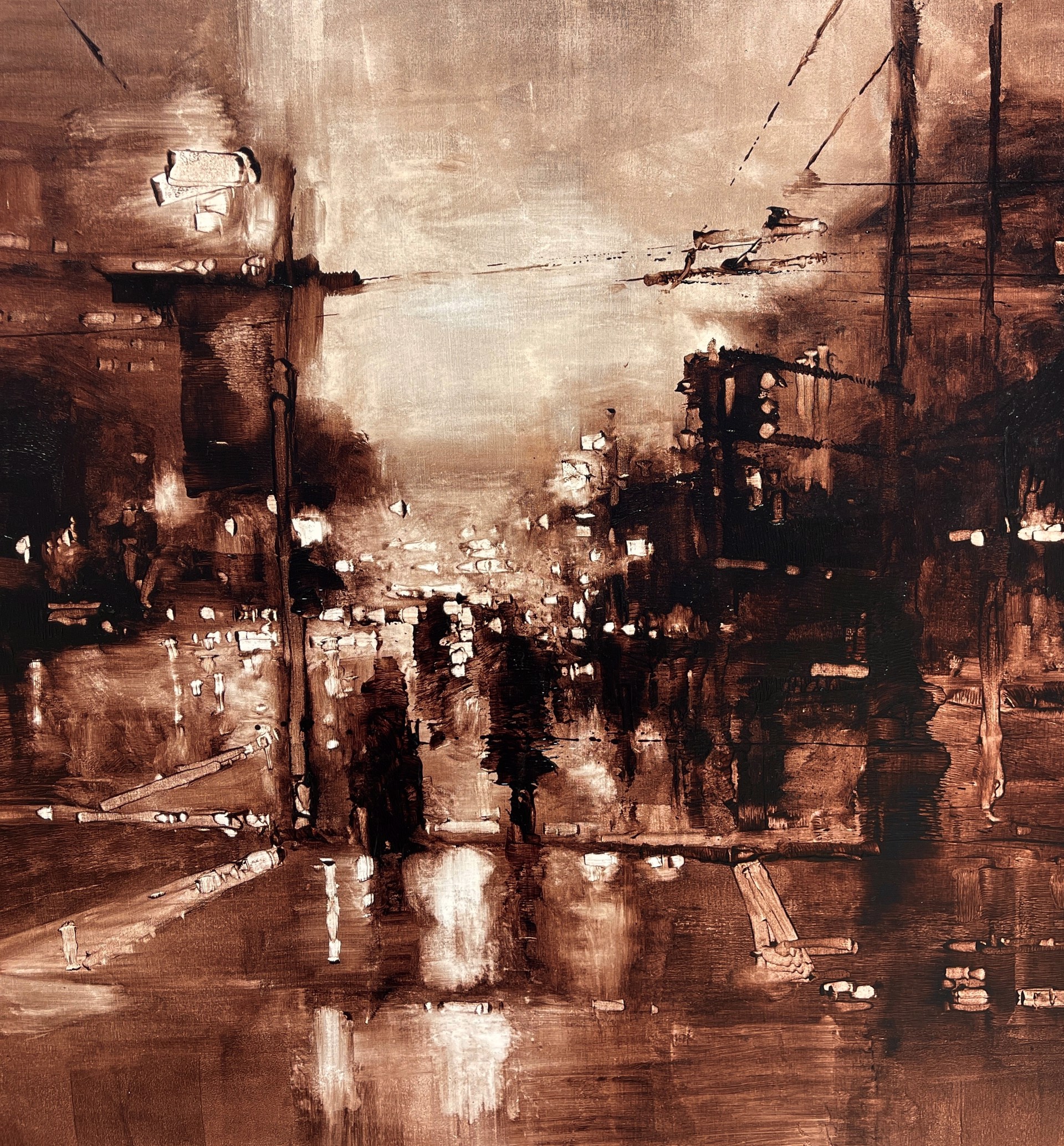 A painting of people walking down a city street at night.