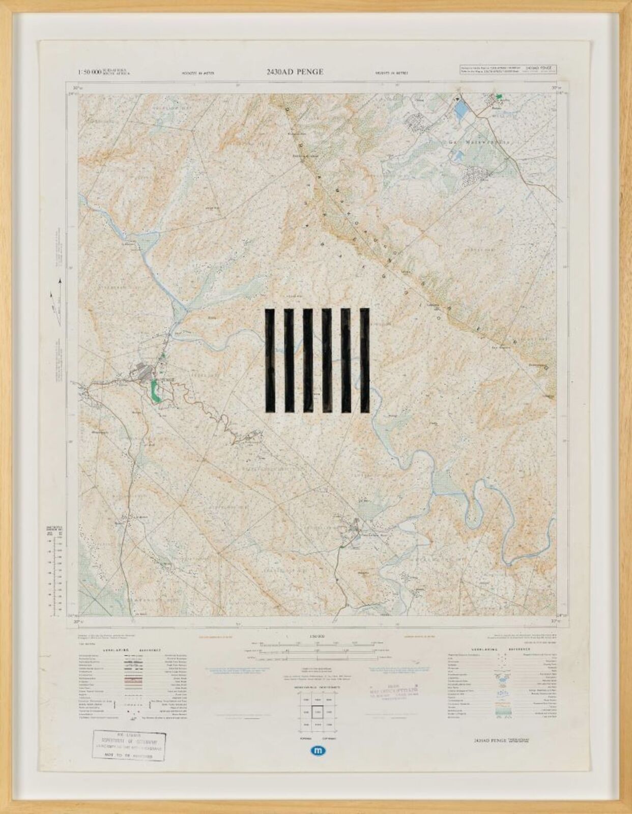 Artwork by Jeremy Wafer, Location 1, Made of 1: 50 000 scale Government issue map of various South African locations, ink and paint additions 