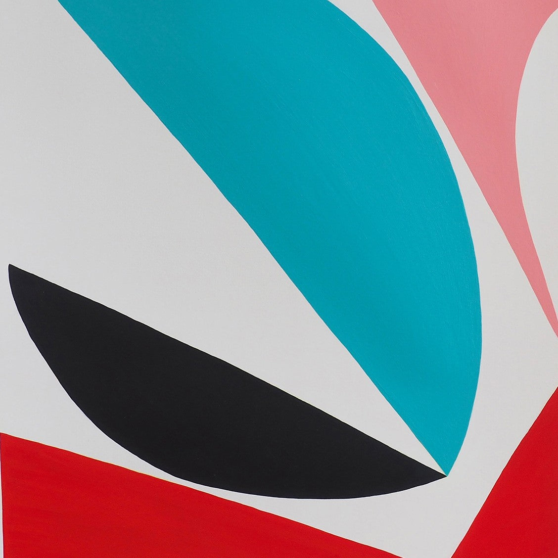 A blue, red, and black abstract painting on a white background.