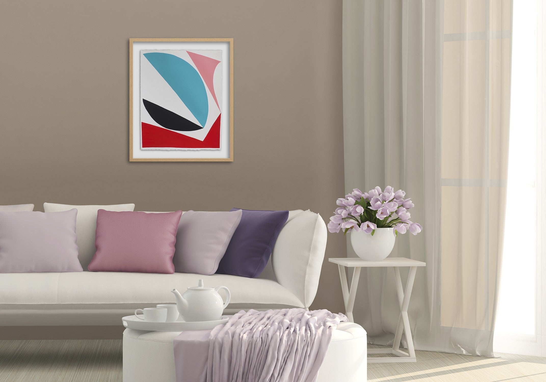 A blue, red, and black abstract painting on a white background.