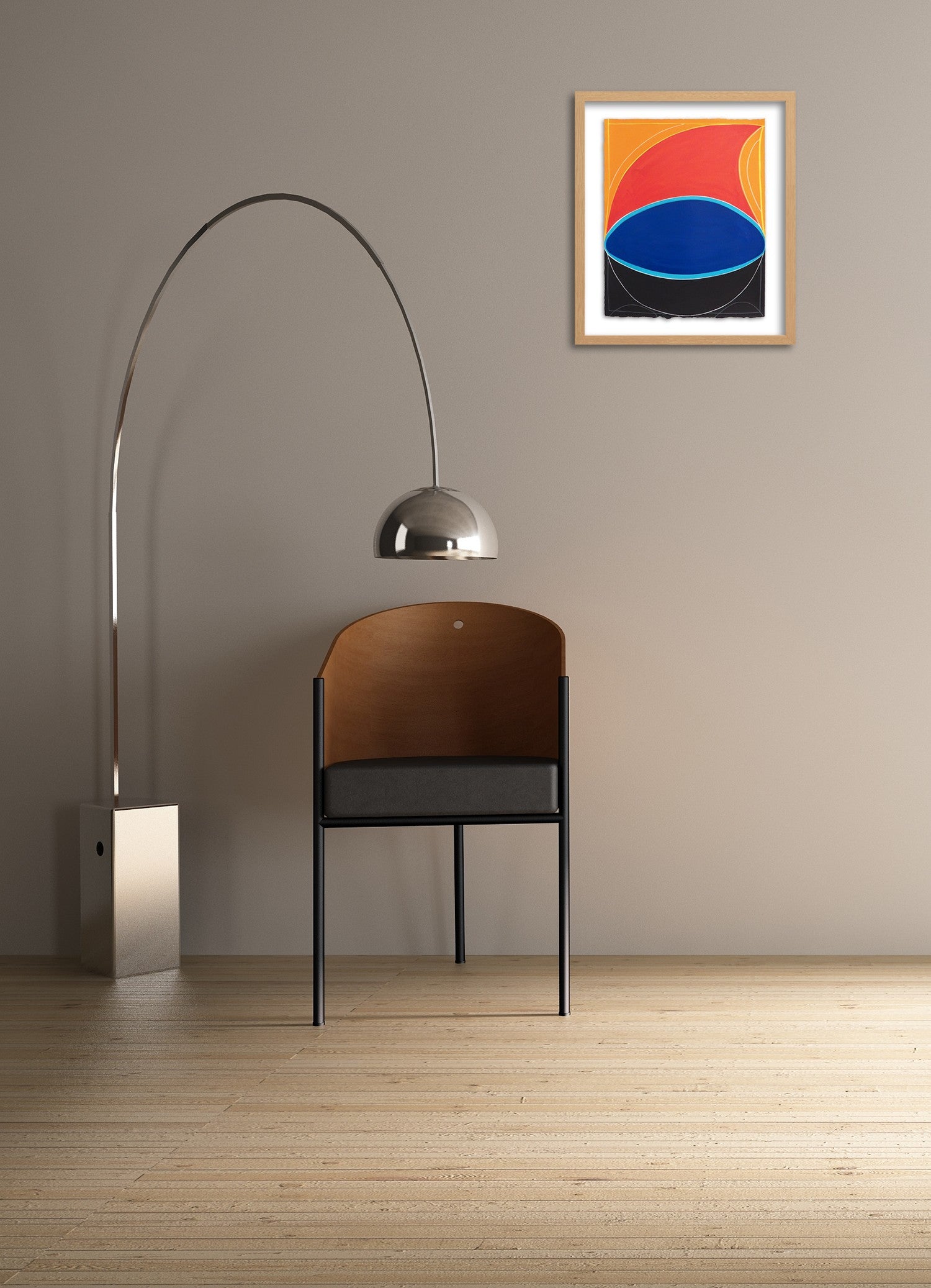 A painting of a blue and orange circle on a white background.