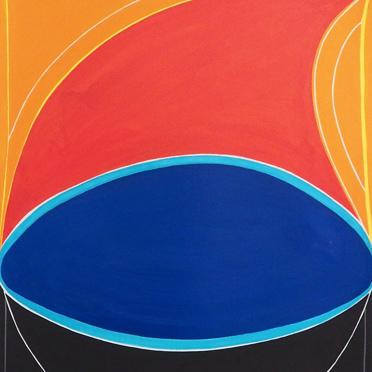 A painting of a blue and orange circle on a white background.