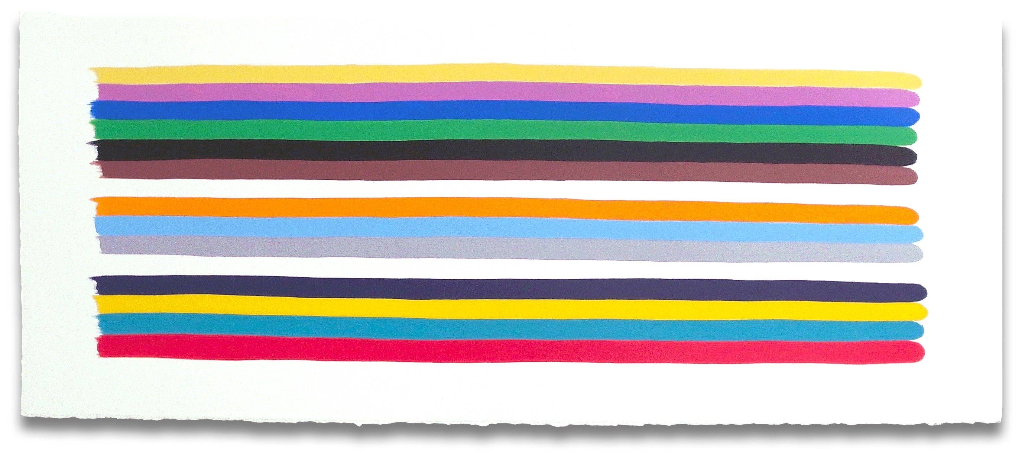A painting of a stack of colorful strips of paper on a white background.