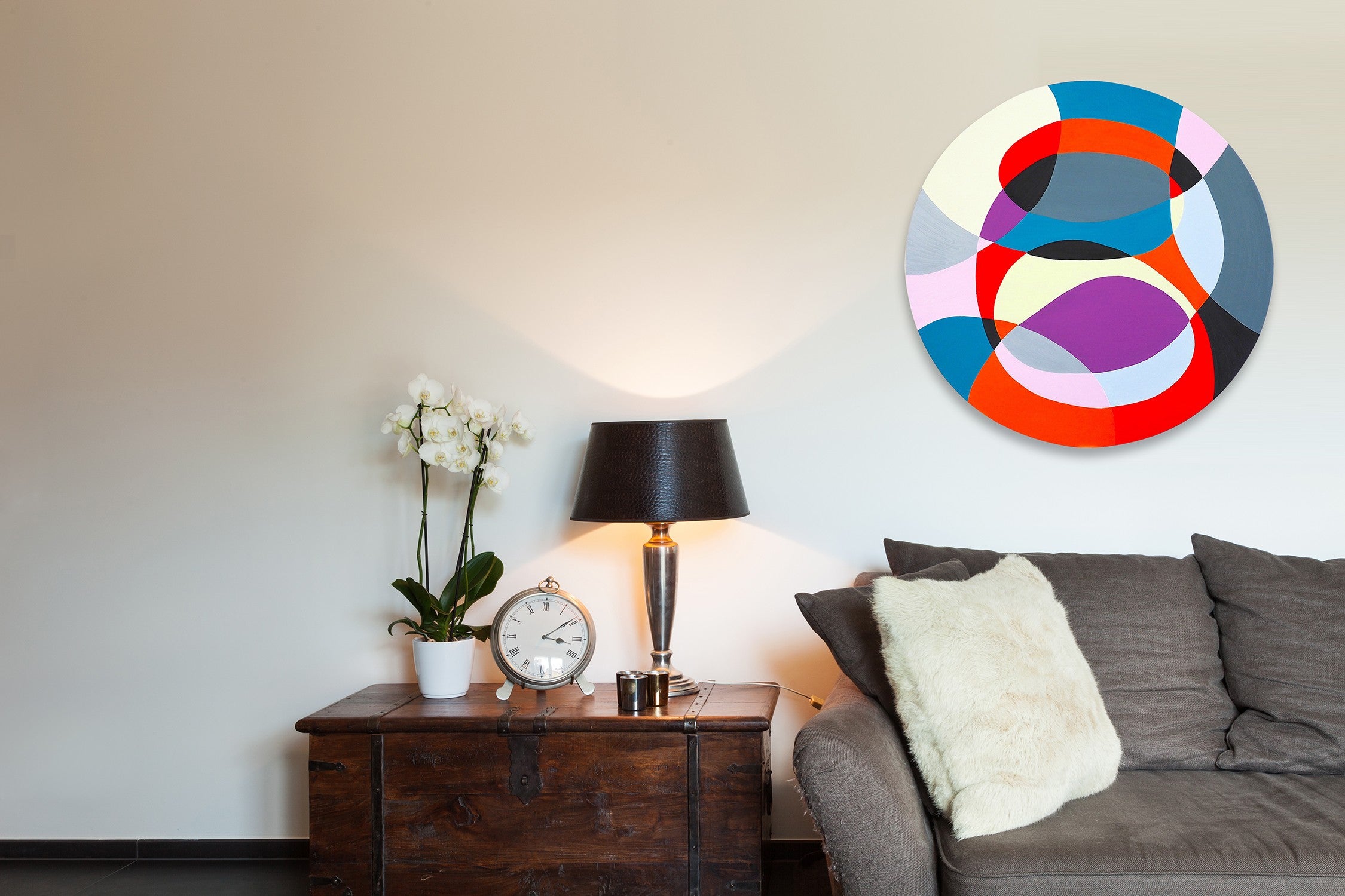 Artwork by Jessica Snow, Pink Link, Made of Oil on circular plexiglass 