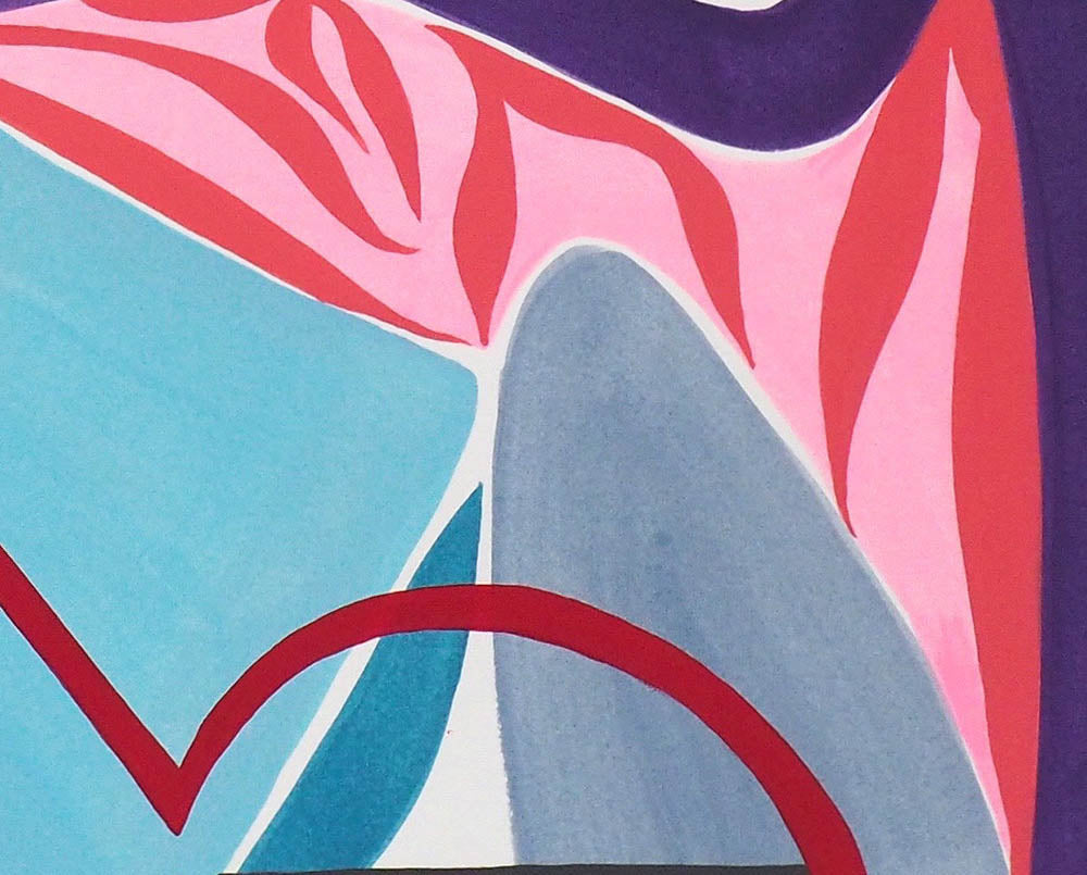 A painting of blue, pink, and red shapes on a white background.
