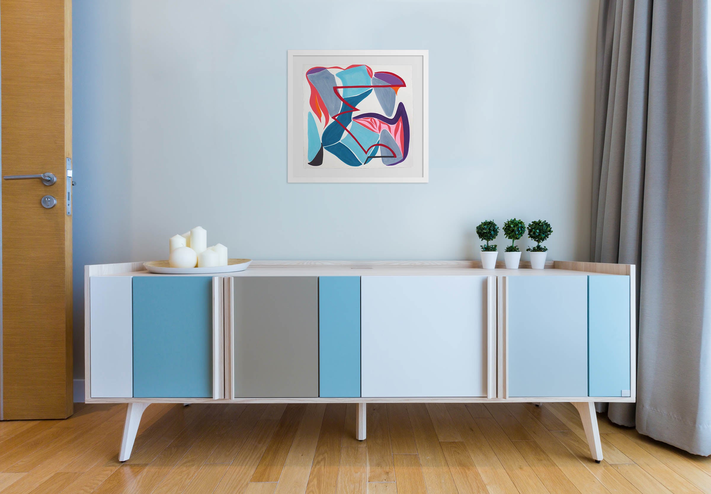 A painting of blue, pink, and red shapes on a white background.