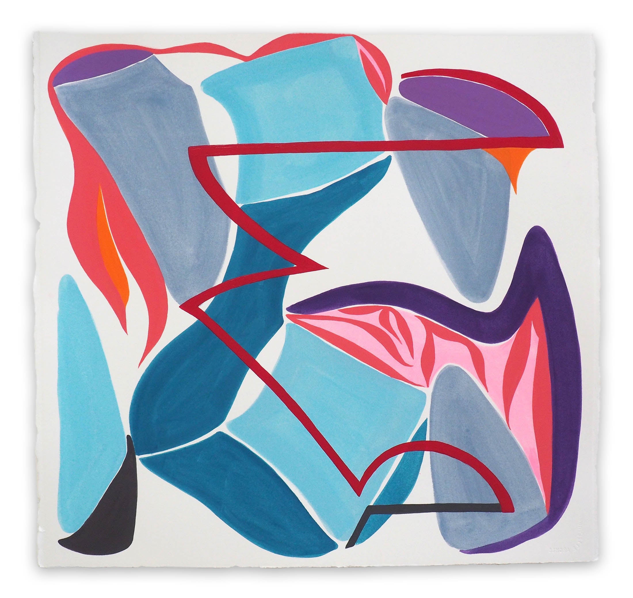 A painting of blue, pink, and red shapes on a white background.