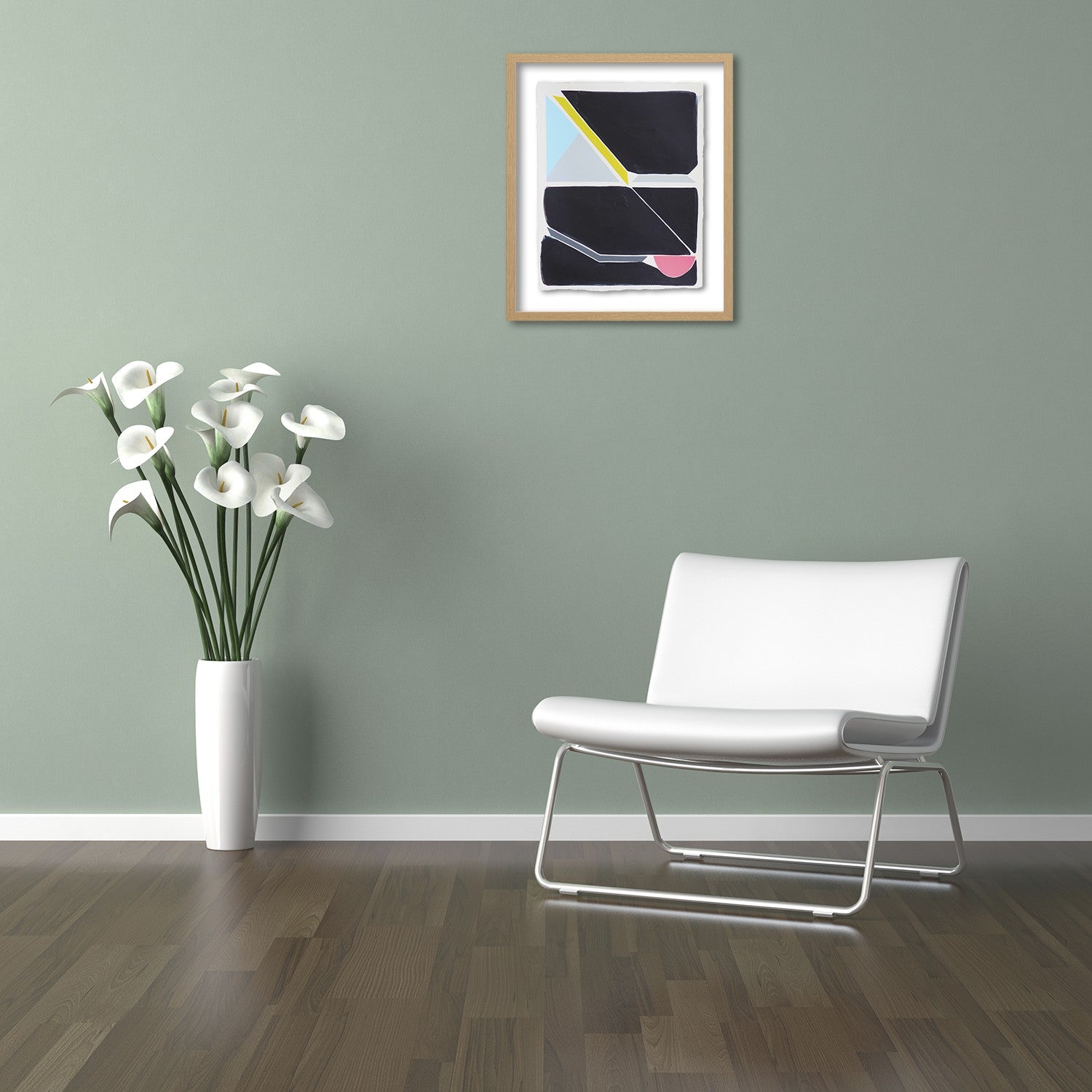 A painting on a white wall with a black background.